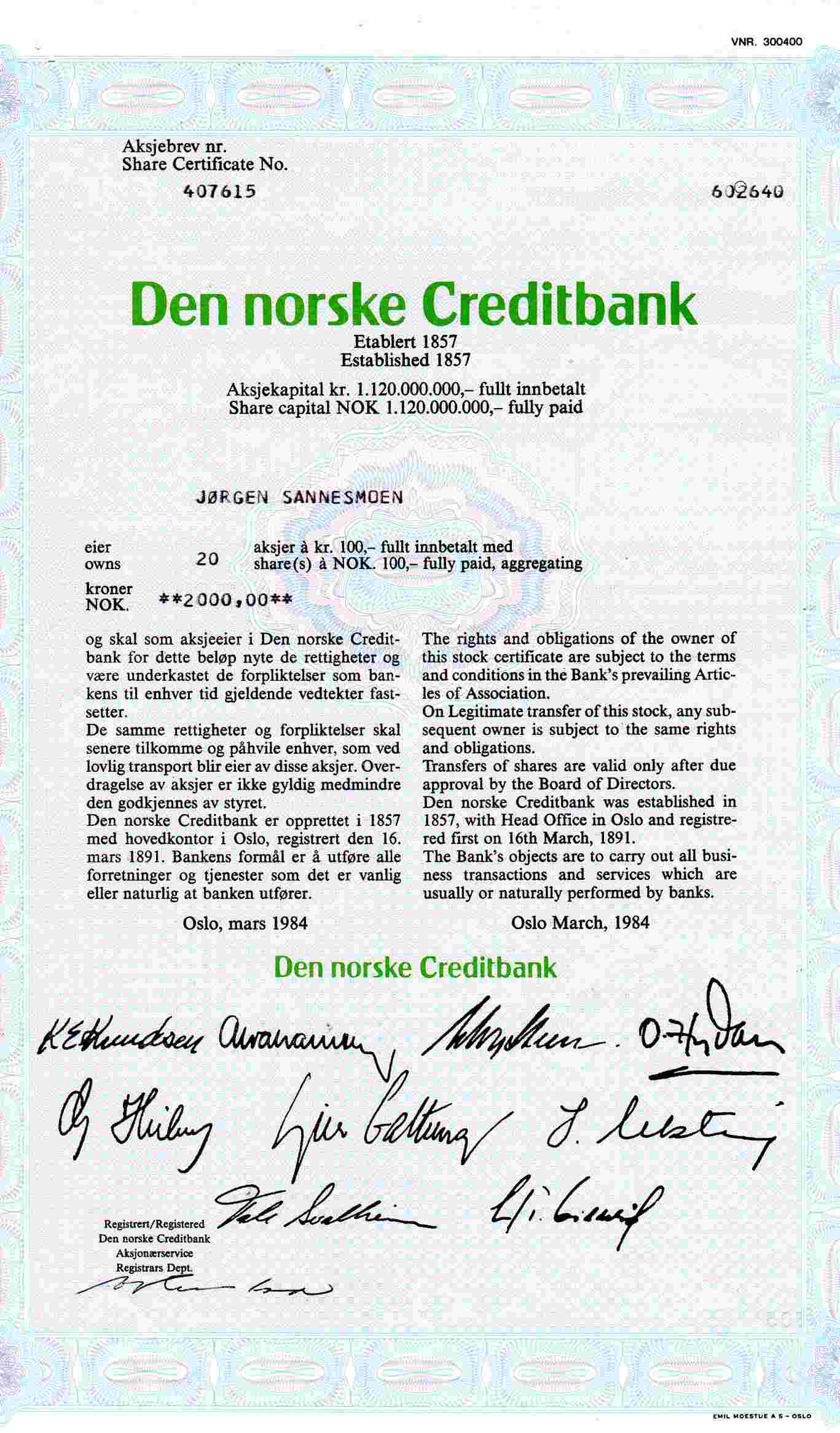 DNC kr 100 Oslo 1984 pris pr stk
