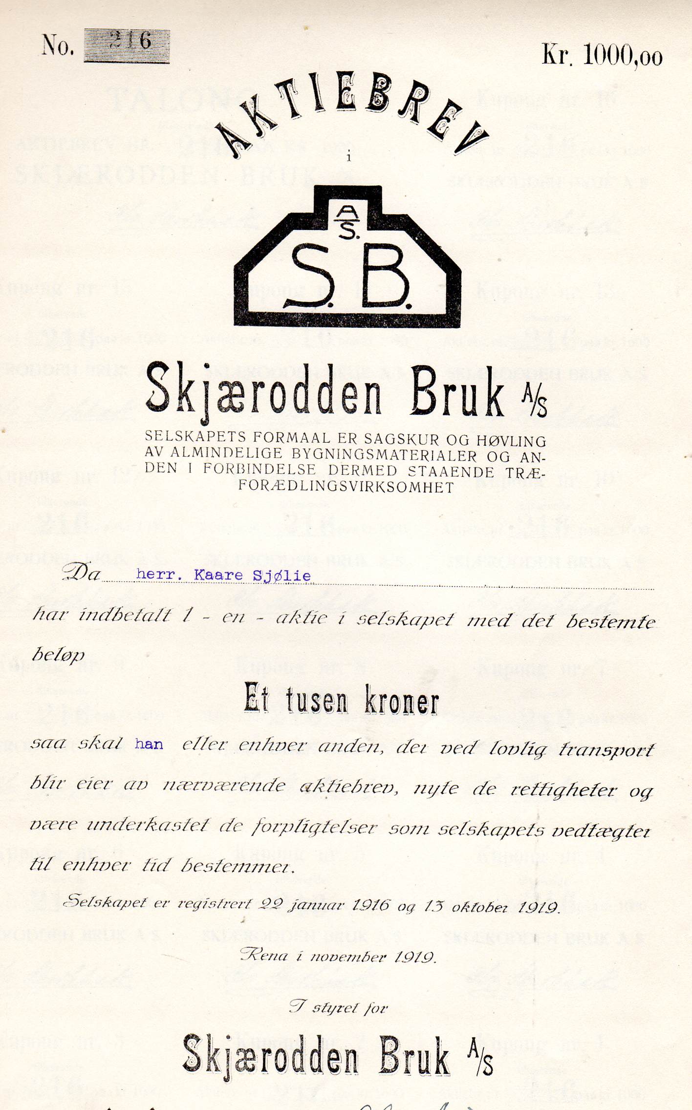 Skjærodden Bruk kr 1000 Rena 1919 nr 236/216 pris pr stk