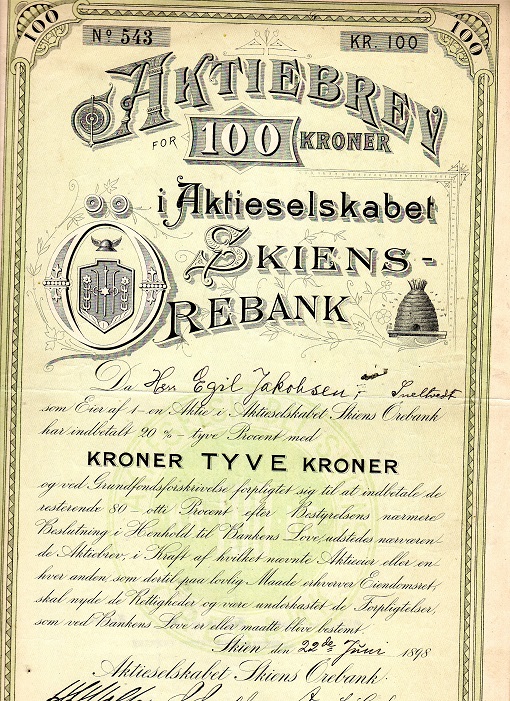 Skiens Ørebank no 543 kr100 Skien 1898