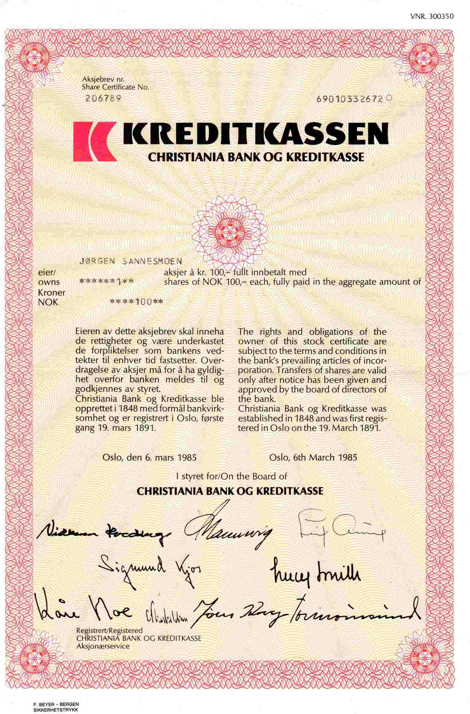 Kreditkassen kr 100 Oslo 1985