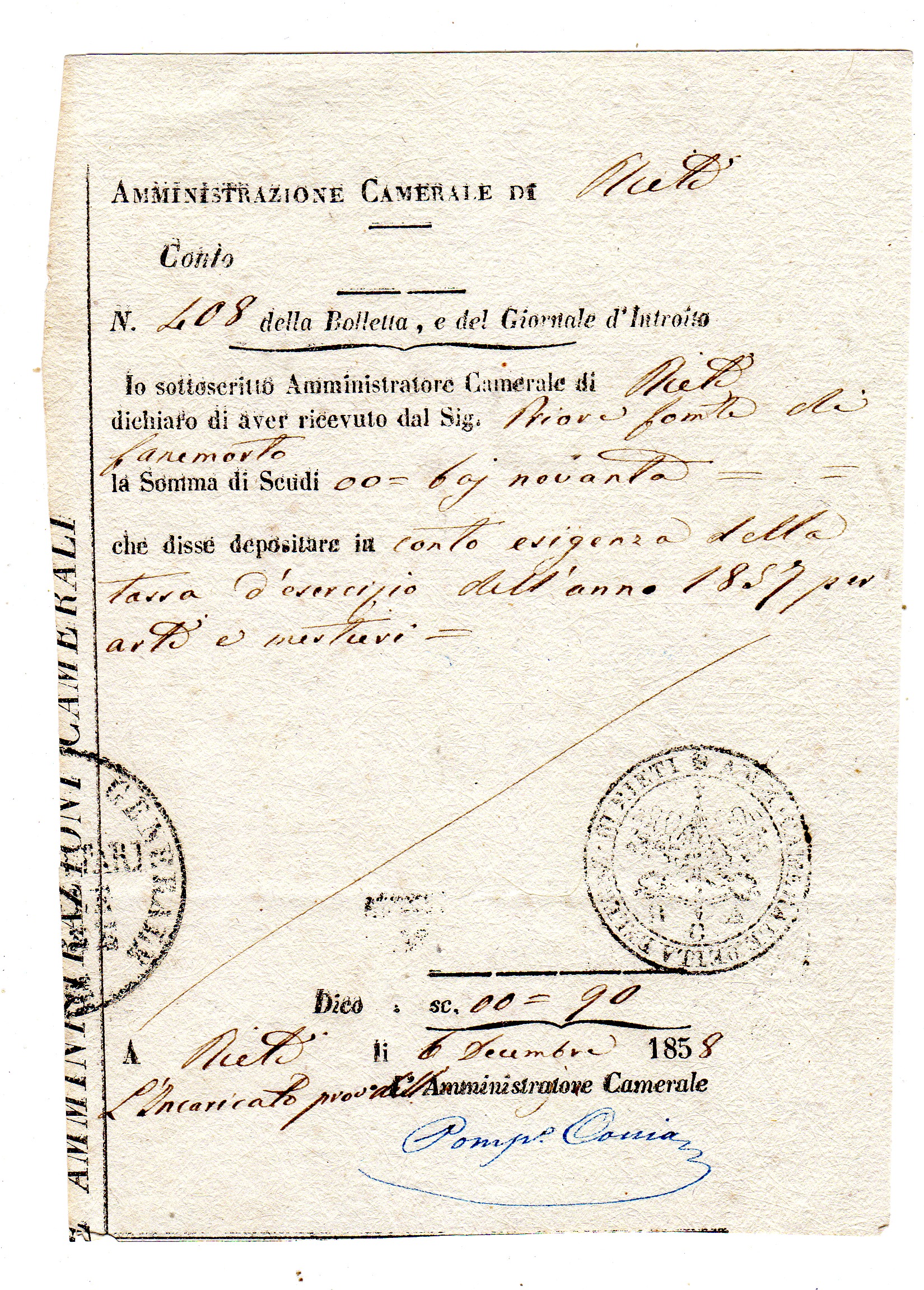 Italiensk adganskort 1858