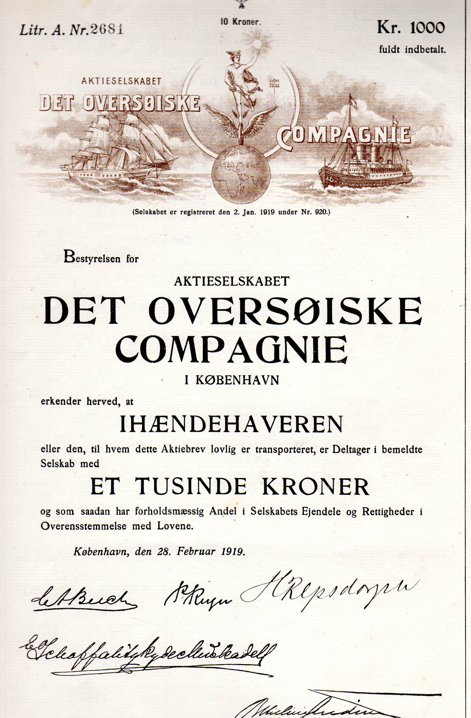 Det oversøiske compagnie kr 1000 København 1919 Litr A nr 2698/2681/2272/ pris pr stk