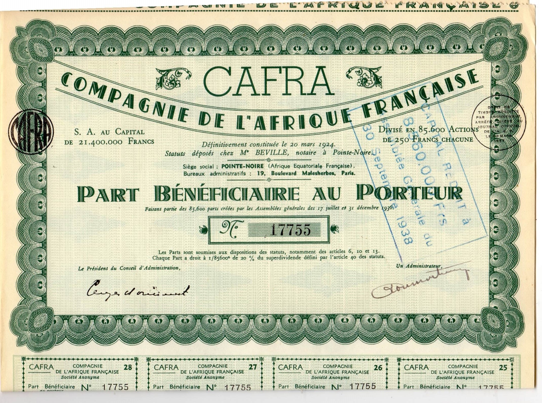Cafra Compagnie de l"Afrique Francaise 250Fr  Paris 1924 nr 17755/17249/17248 pris pr stk