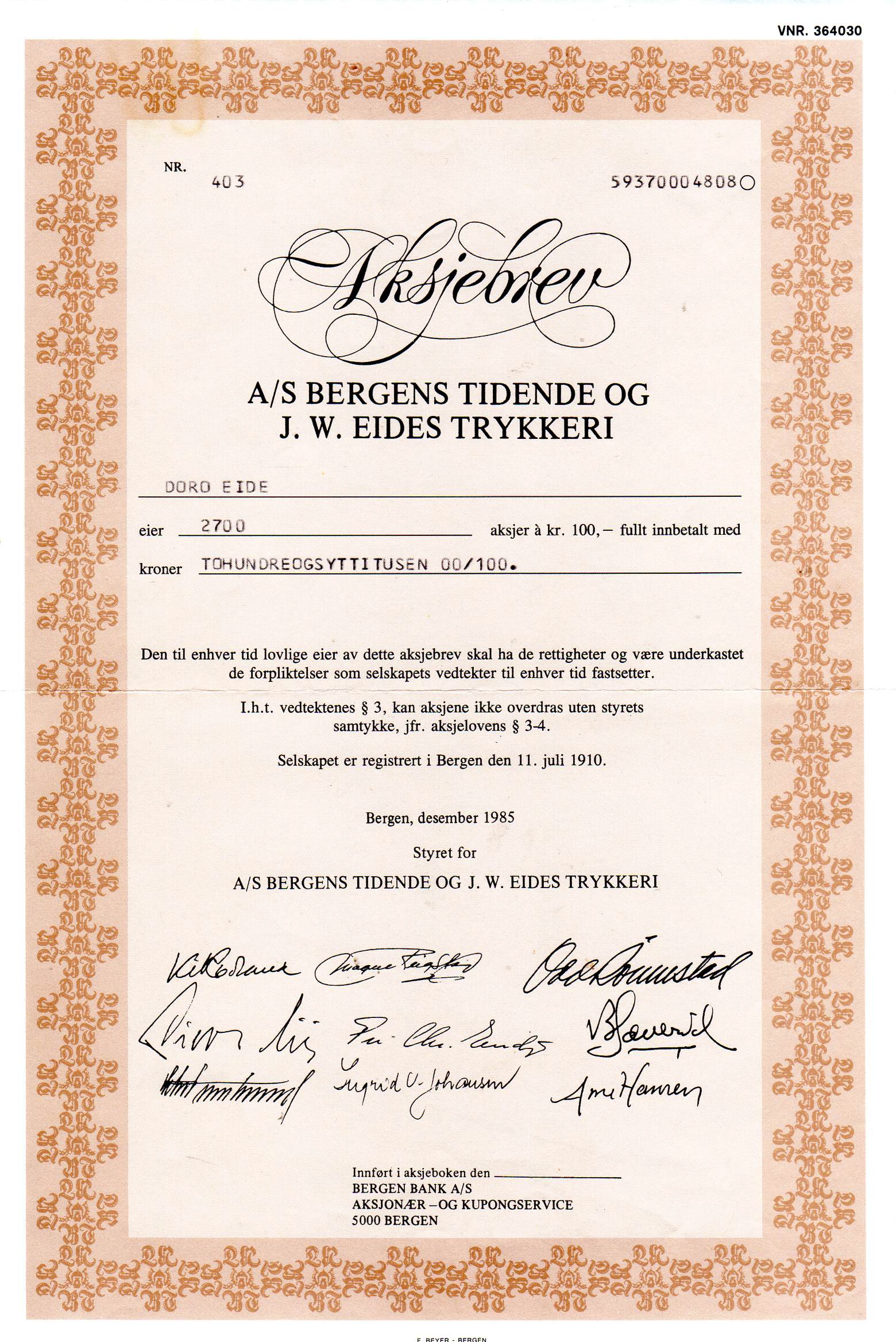 Bergens tidende/Eides trykkeri kr 100 Bergen 1985 nr 163/403/453/4093/4202/4008 pris pr stk