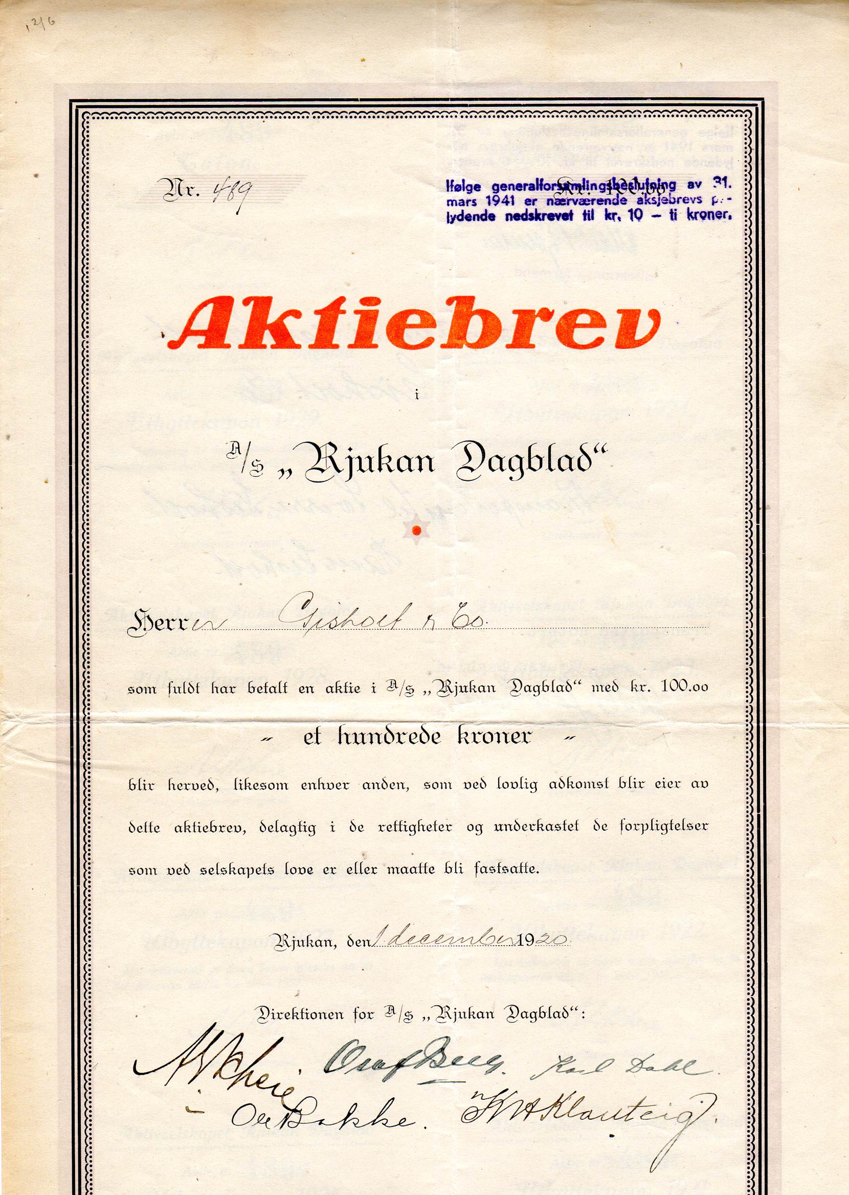 Rjukan Dagblad nr 489 kr 10/100 Rjukan 1920