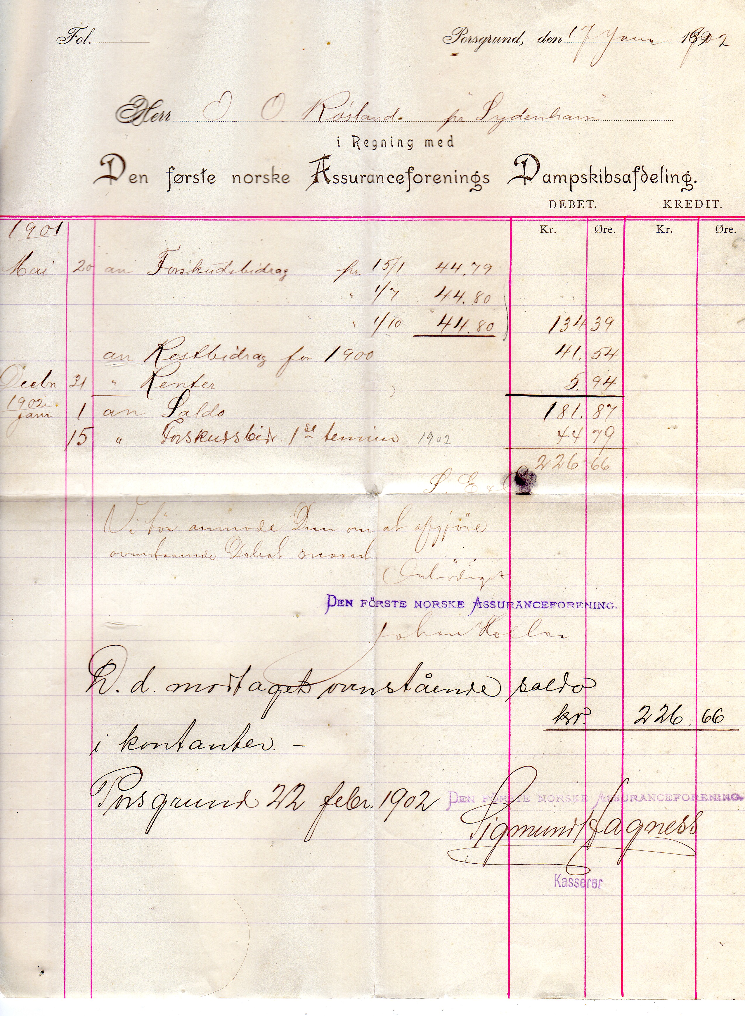 Den første norske assuransefprening Dampskibsafdeling Porsgrund 1902