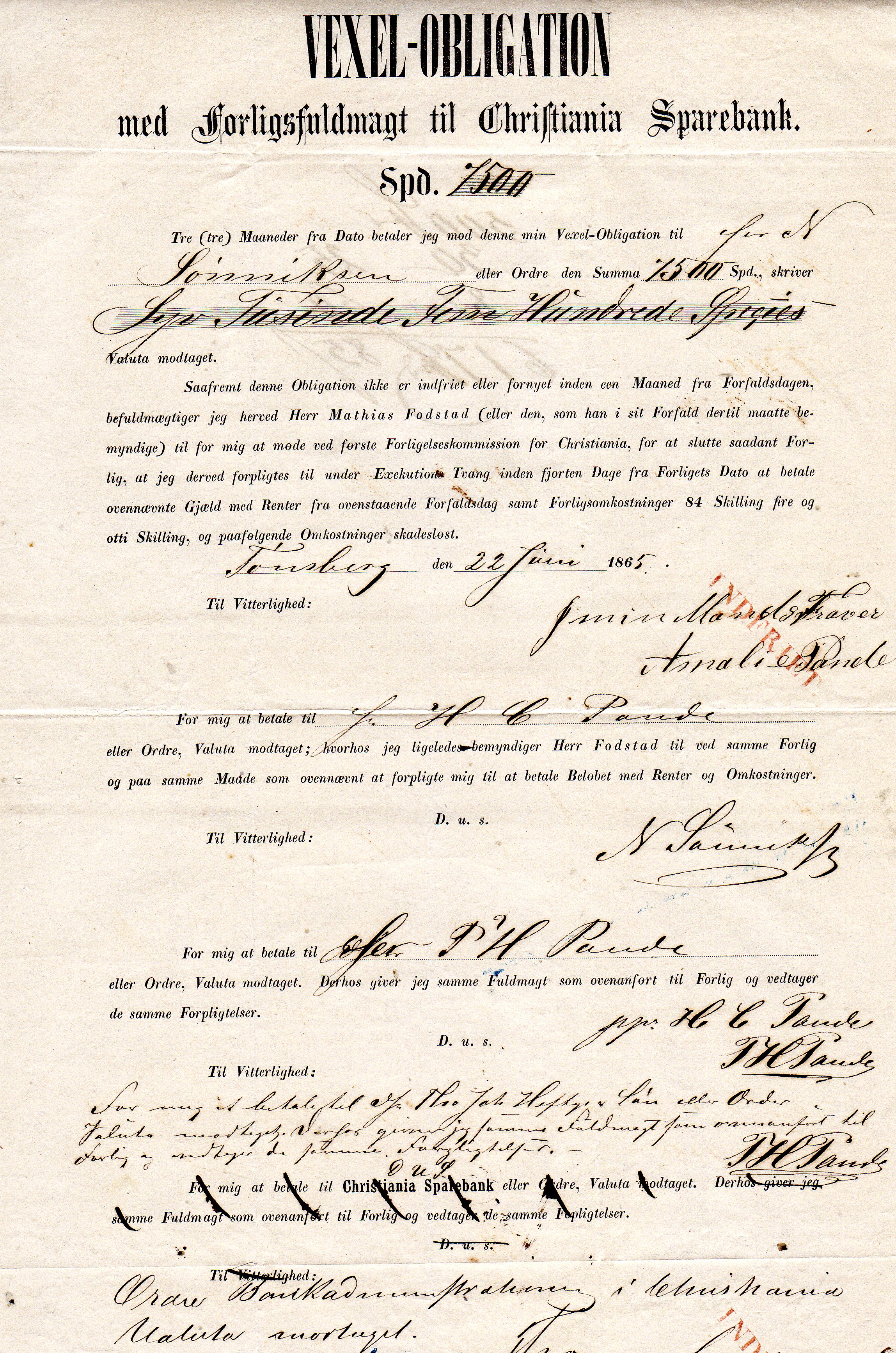 Vexel-obligation med forligsfuldmagt til Christiania Sparebank  Spd 1500 no 500 Tønsberg 1865