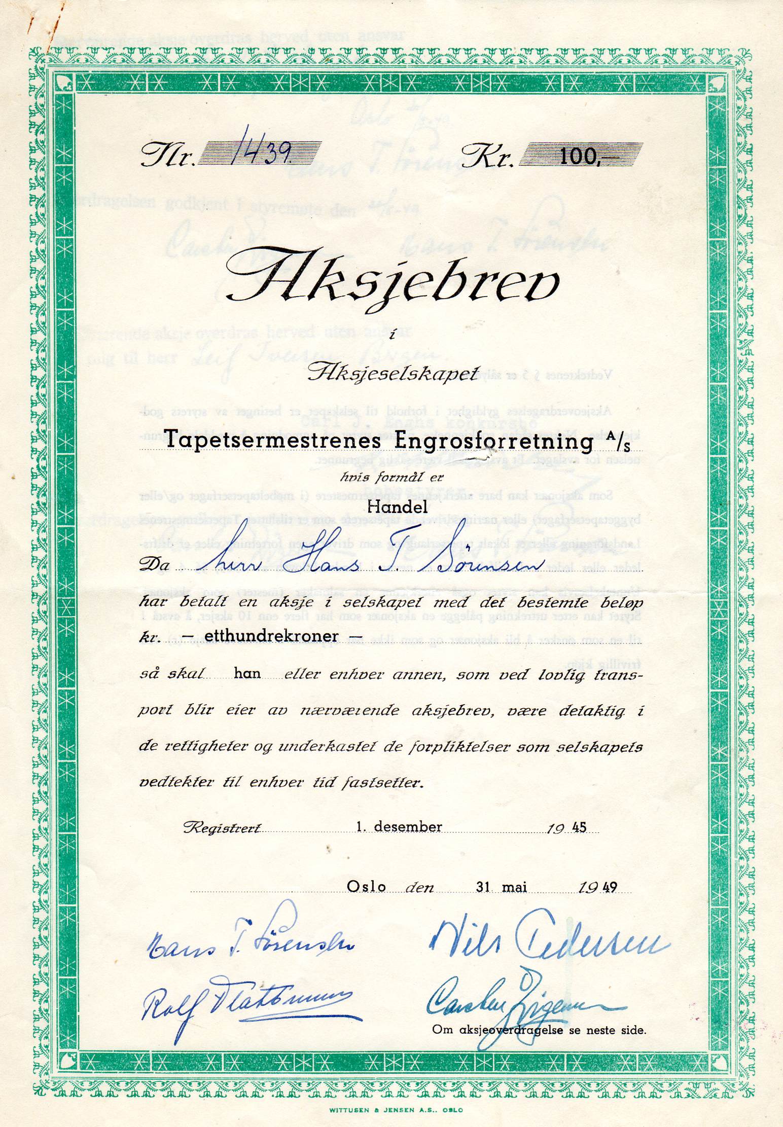 Tapermestrenes Engrosforretning Oslo 1949 kr 100 nr 1439/131/1195 pris pr stk