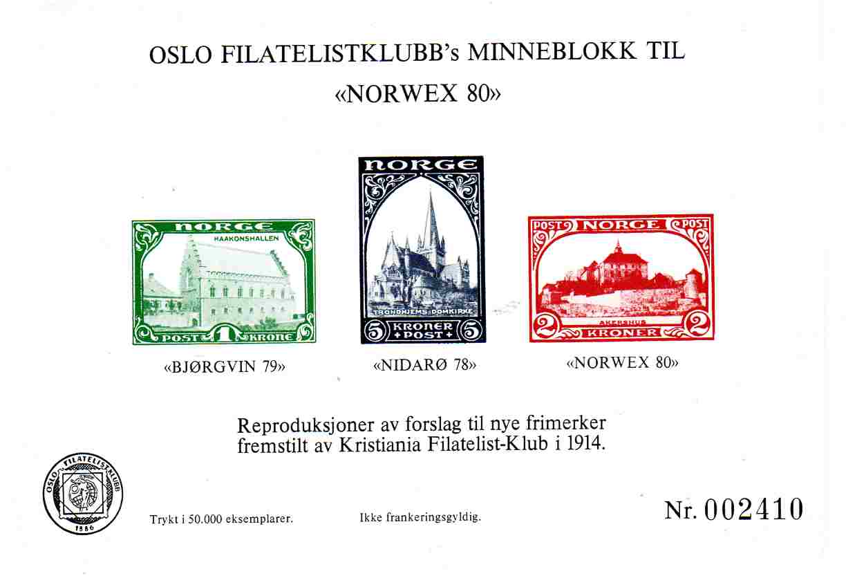 Oslo filatelistklubb"s minneblokk til Norwex 80 Reproduksjoner frimerkeforslag 1914 no 2410