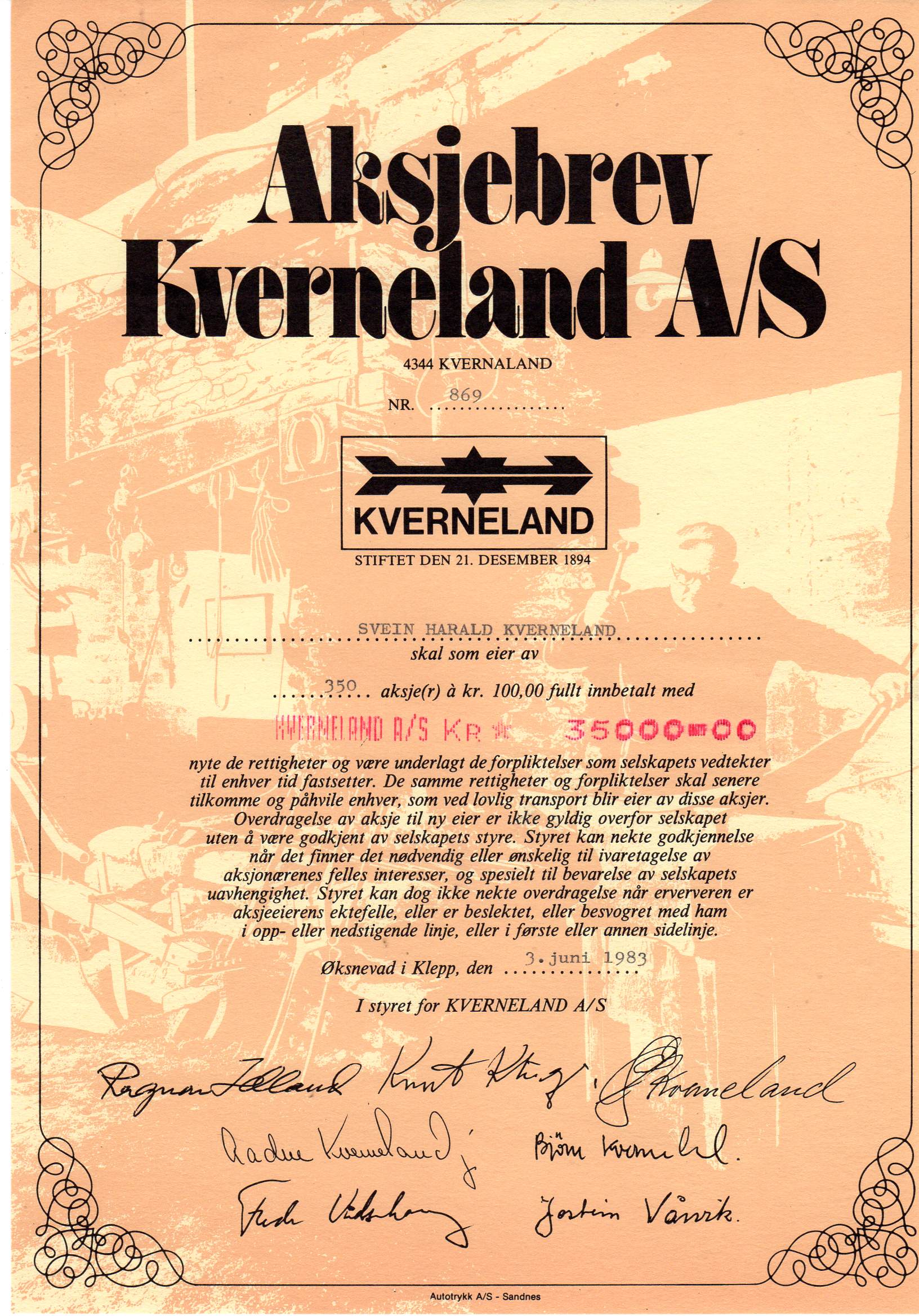 Kverneland AS Klepp 1983 kr 100 nr 869