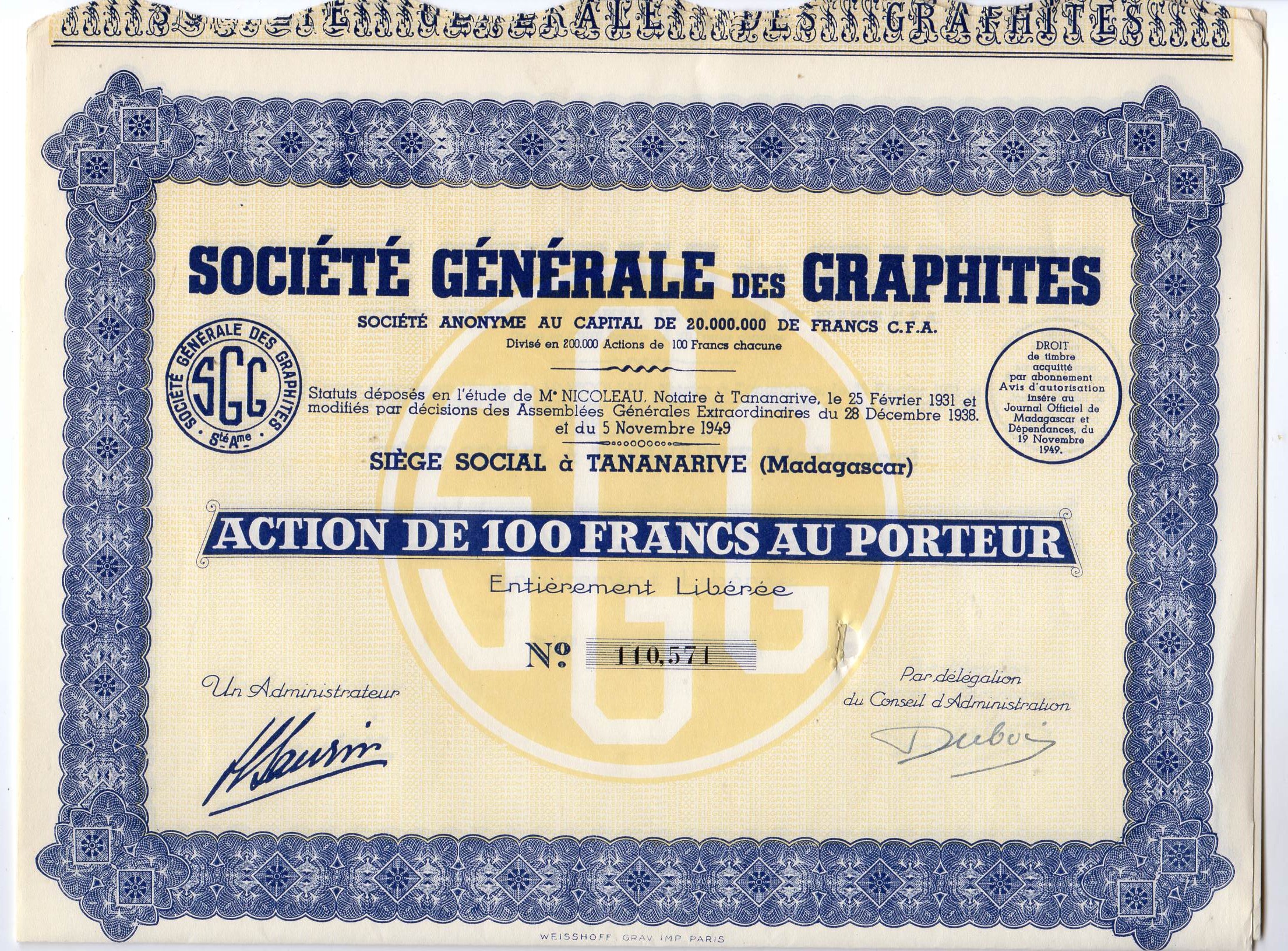 Societe generale des graphites Fr100 Paris 1949 nr 110574/110571 pris pr stk