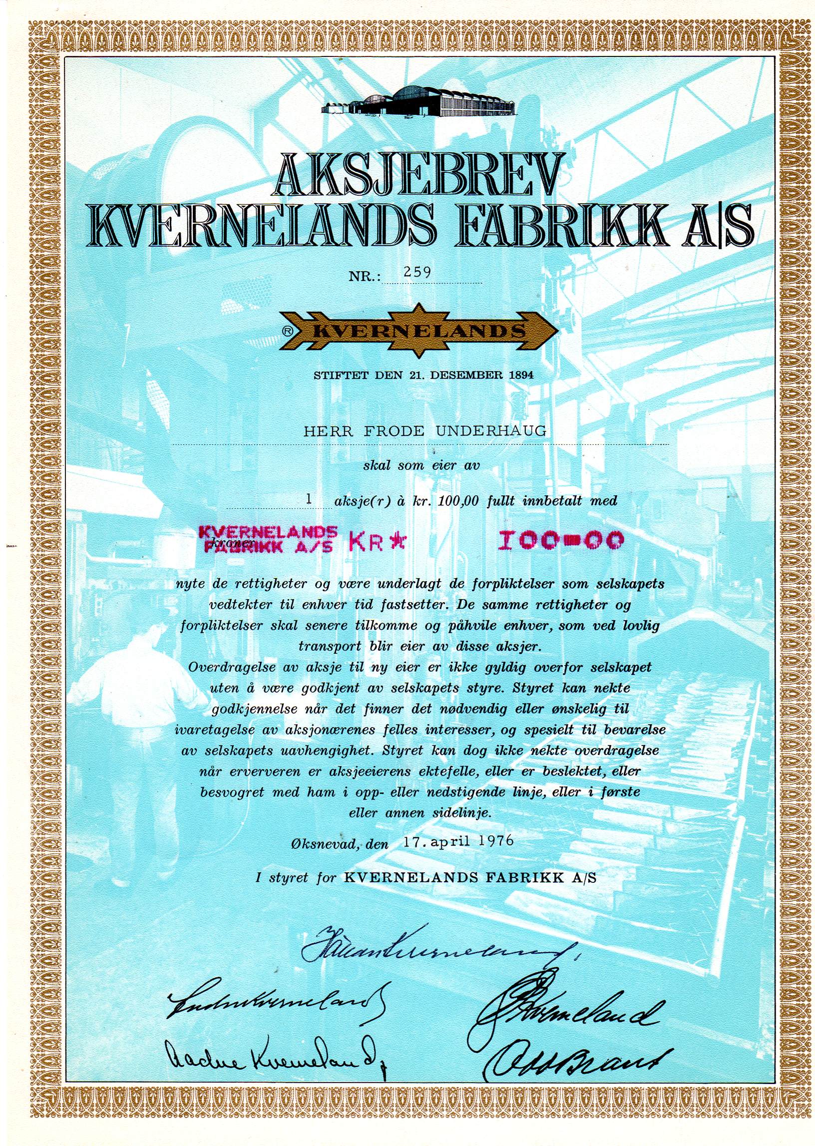 Kverneland Øksnevad 1976 kr 100 nr 259/260/254 pris pr stk