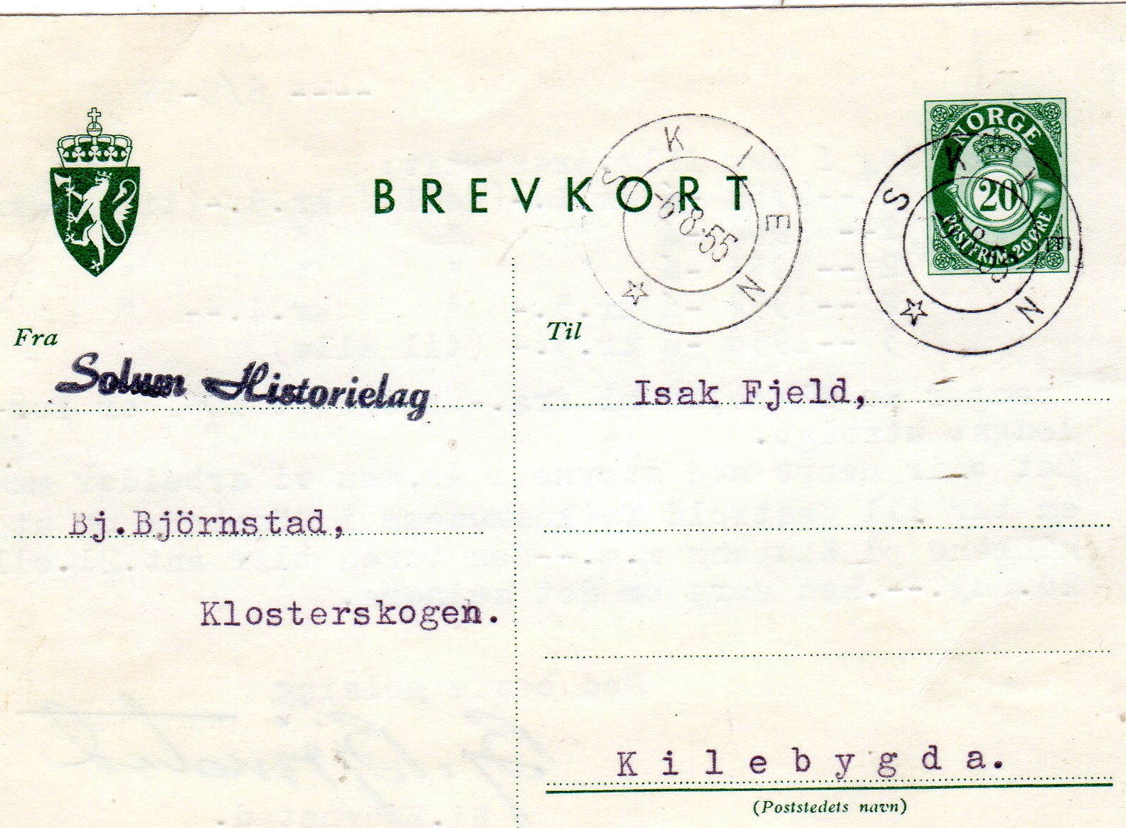 Brevkort st Skien Solum historielag -6 8 55 nr 20