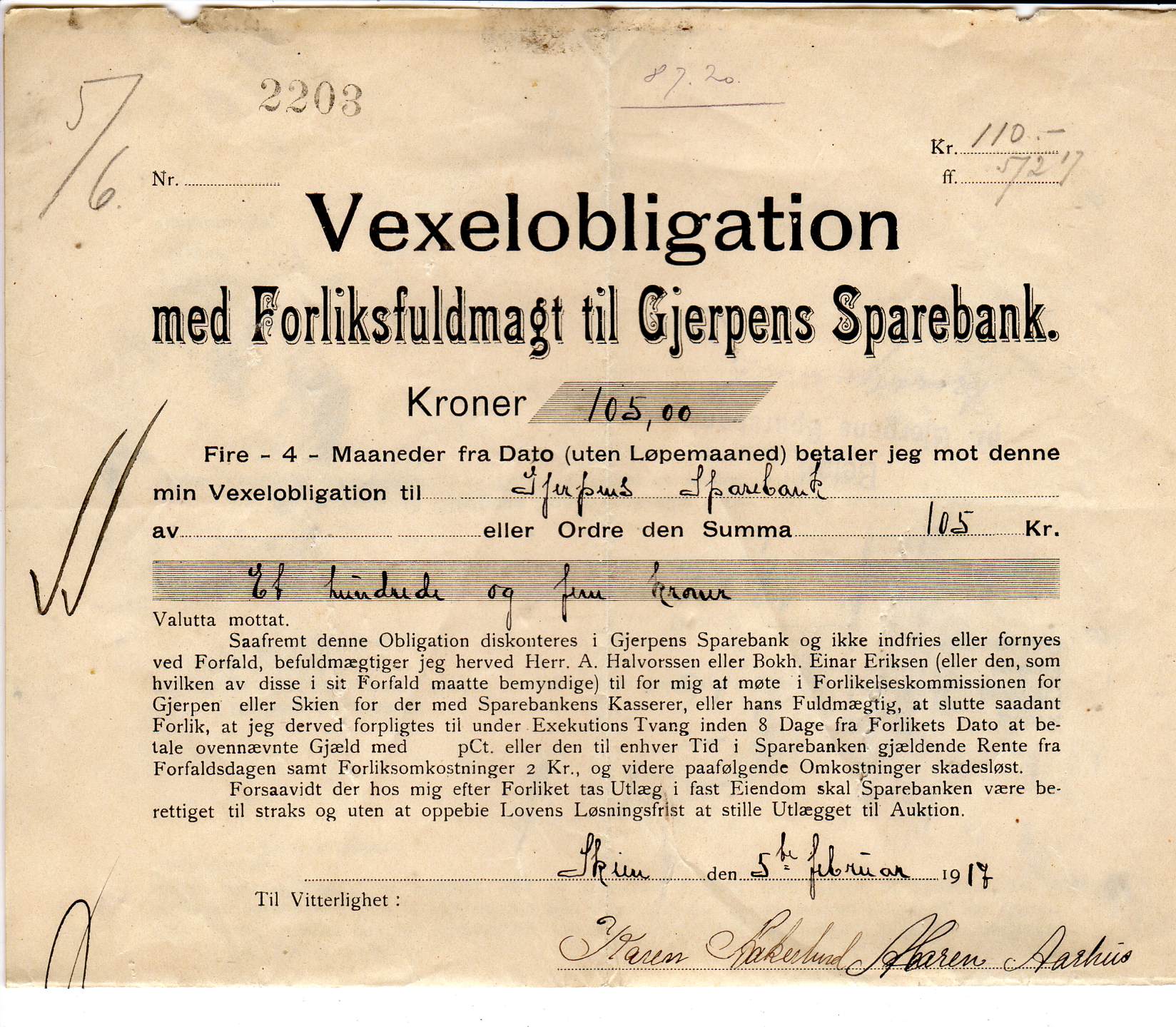 Vexelobligasjon Gjerpen sparebank nr 2203  år1917