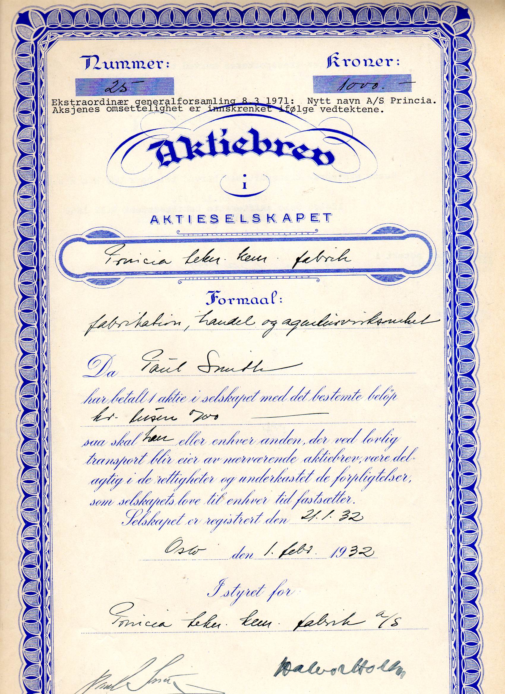 Aktiebrev Princia/Primica kr1000 nr 23,24&25 pr.stk.kr125 Oslo 1932