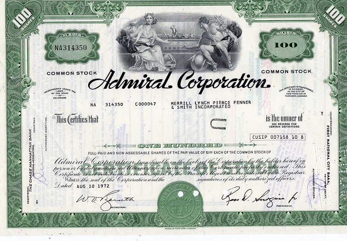 Admiral corporation 100 stocks NA 314350   1972