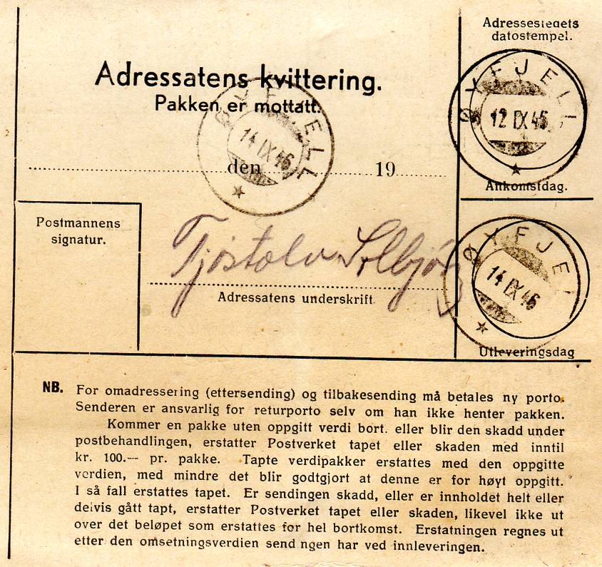 Følgebrev st Oslo 1946/st Øyfjell