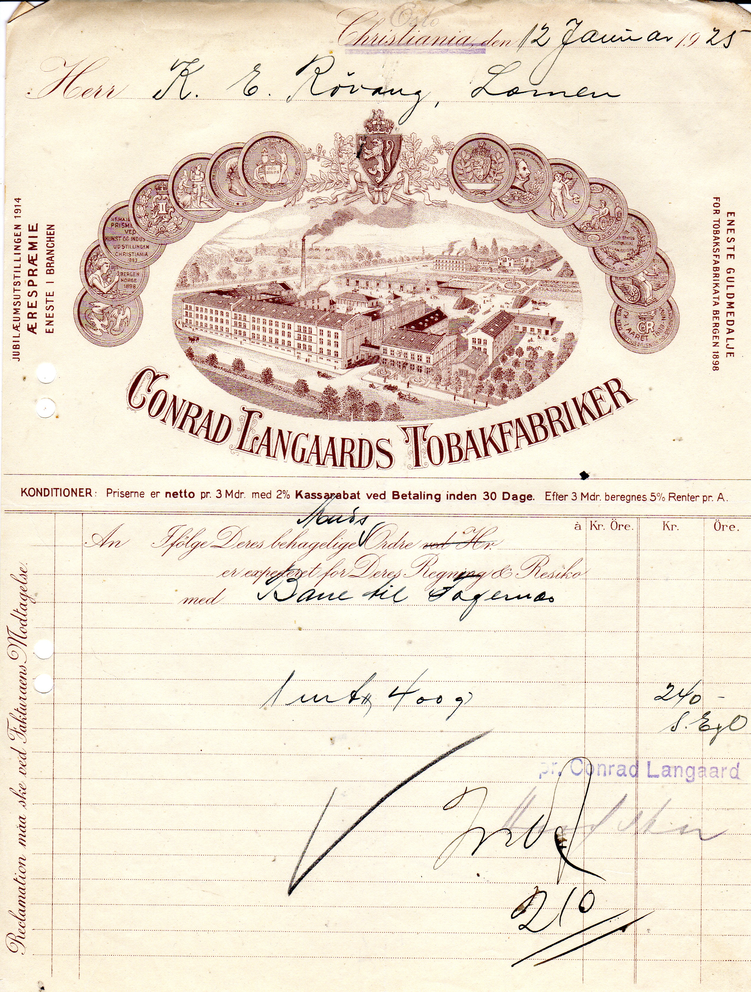 Conrad Langaards Tobakfabriker 1921/1919/1921/1921/1925/1921/1921 pris pr stk