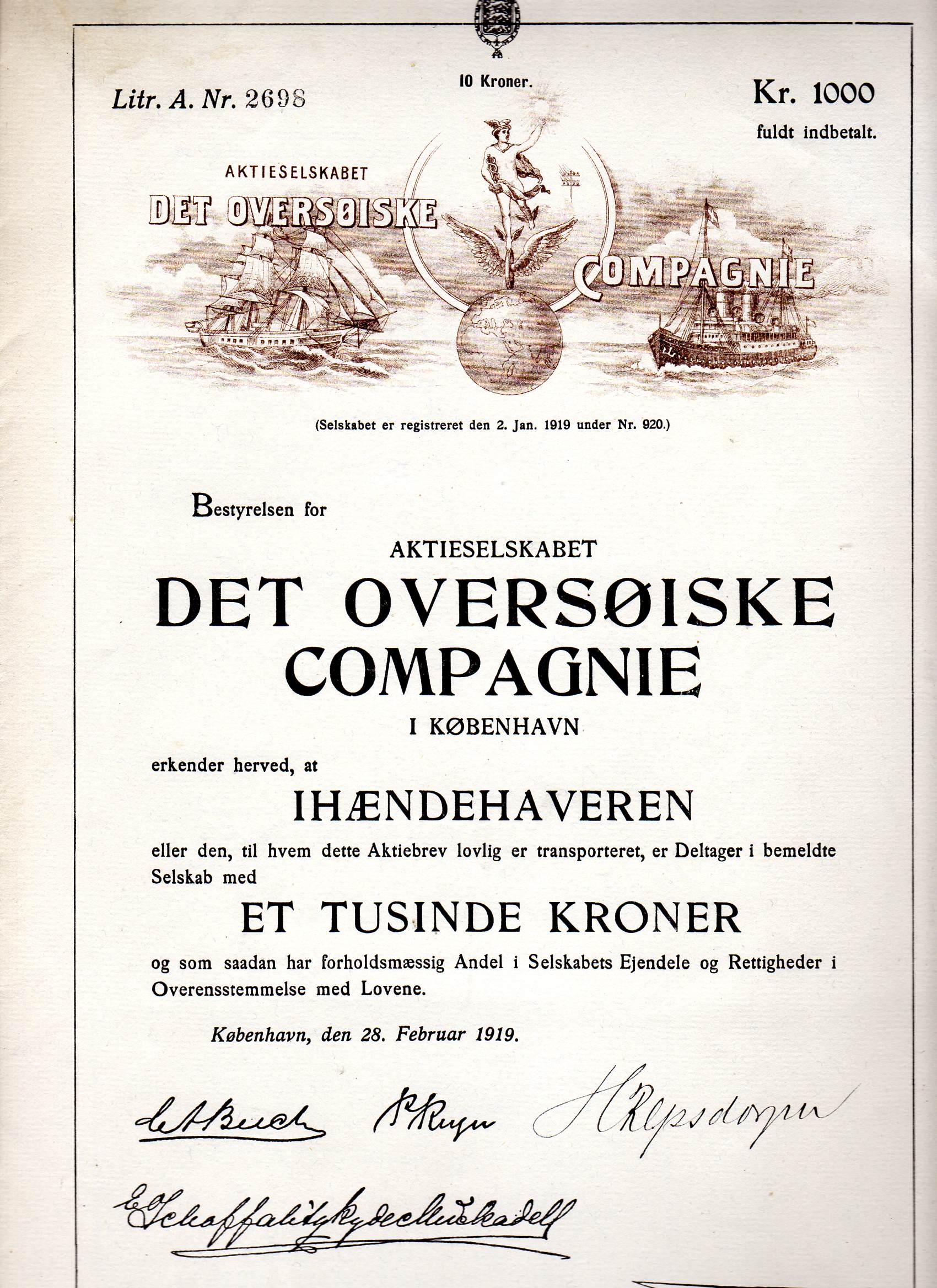 Det oversøiske compagnie kr 1000 København 1919 Litr A nr 2698/2681/2272/ pris pr stk