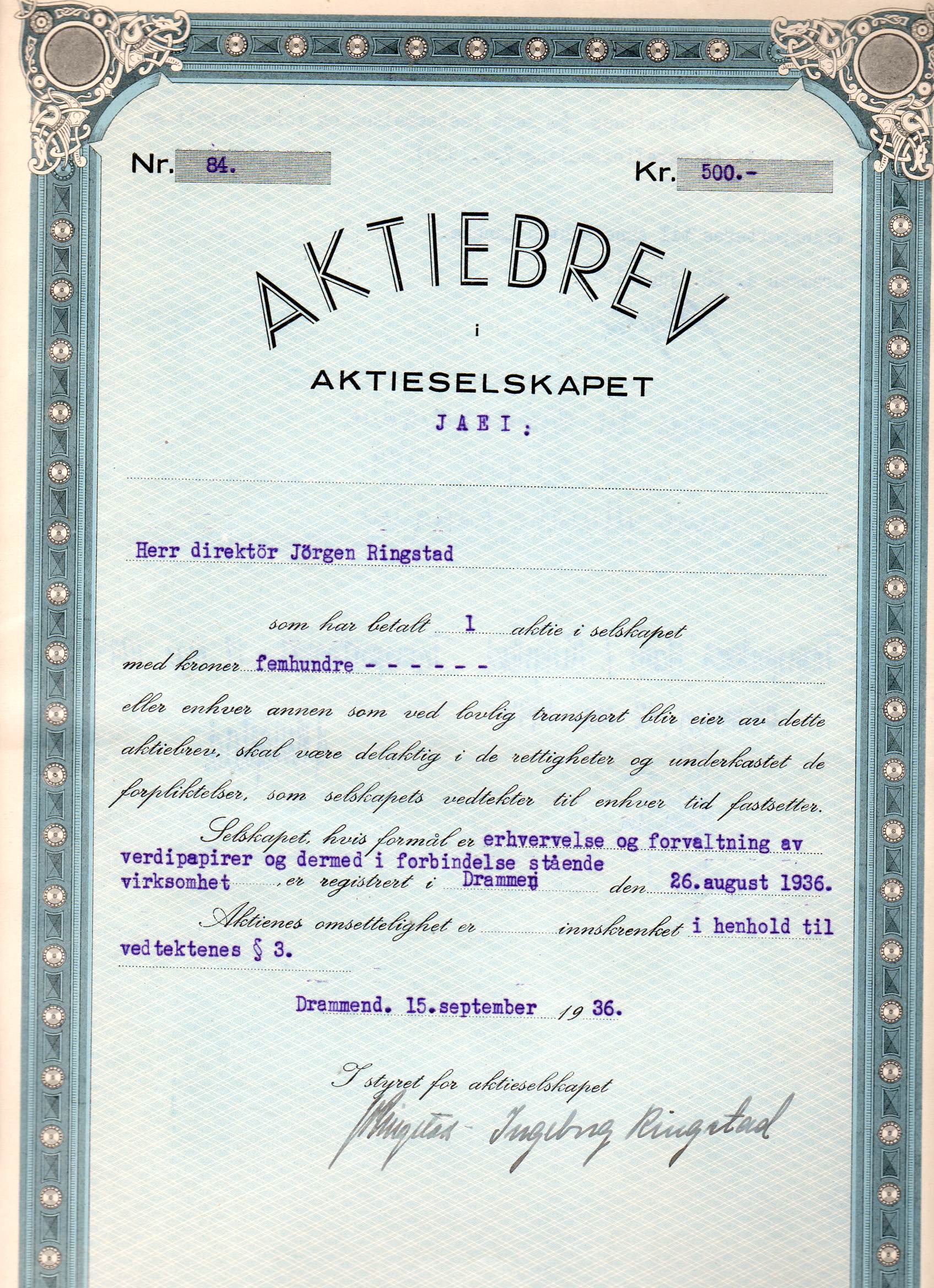 Jaei Drammen 1936 kr 250 nr 83/84/85 pris pr stk