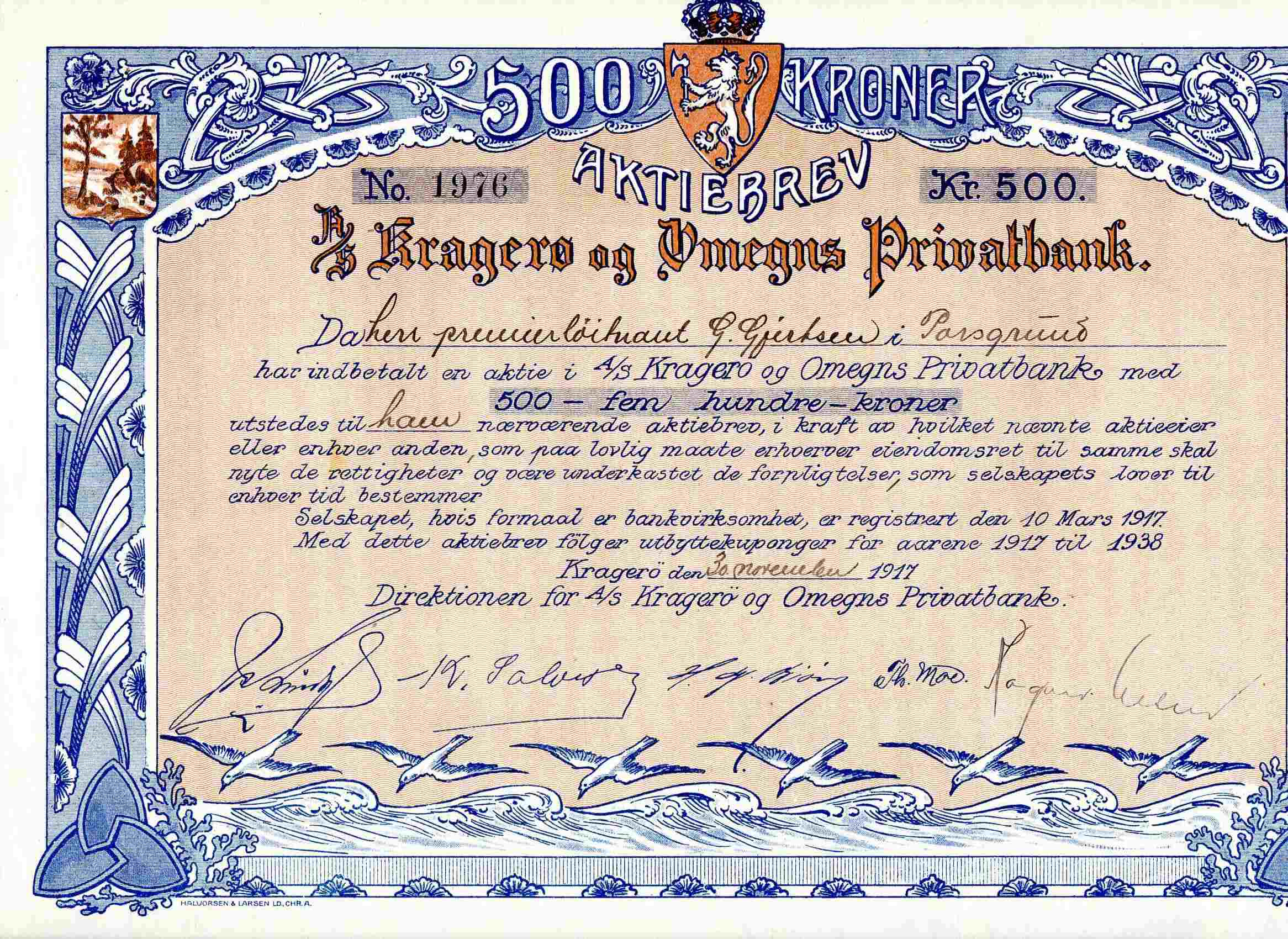 Kragerø og omegns privatbank no 1976 kr 500 Kragerø 1917