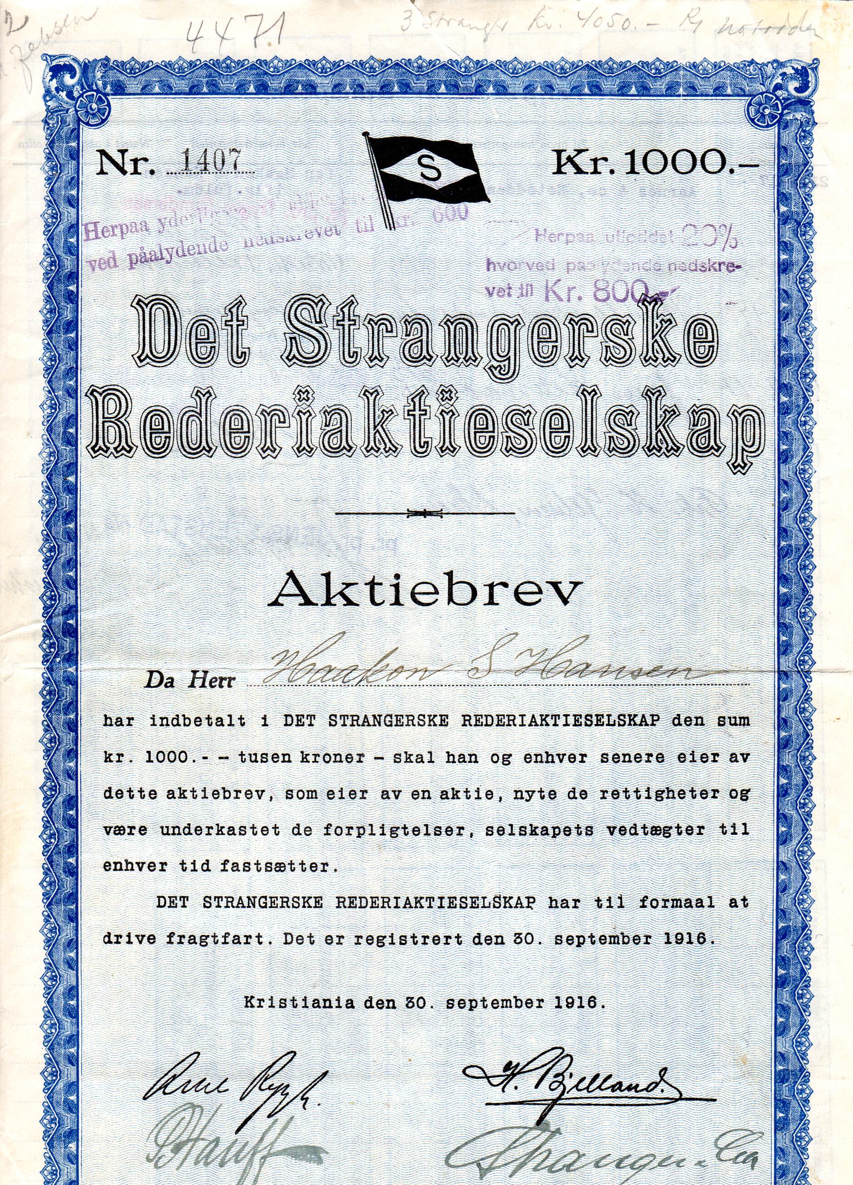 Det Strangerske rederiaktieselskap kr1000 Kristiania 1916 nr 1407/854 Pris pr stk