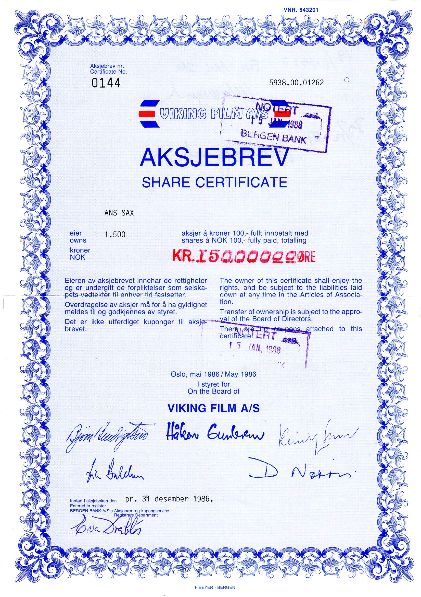 Viking film Oslo 1986 kr100 nr 0082/0144/ pris pr stk