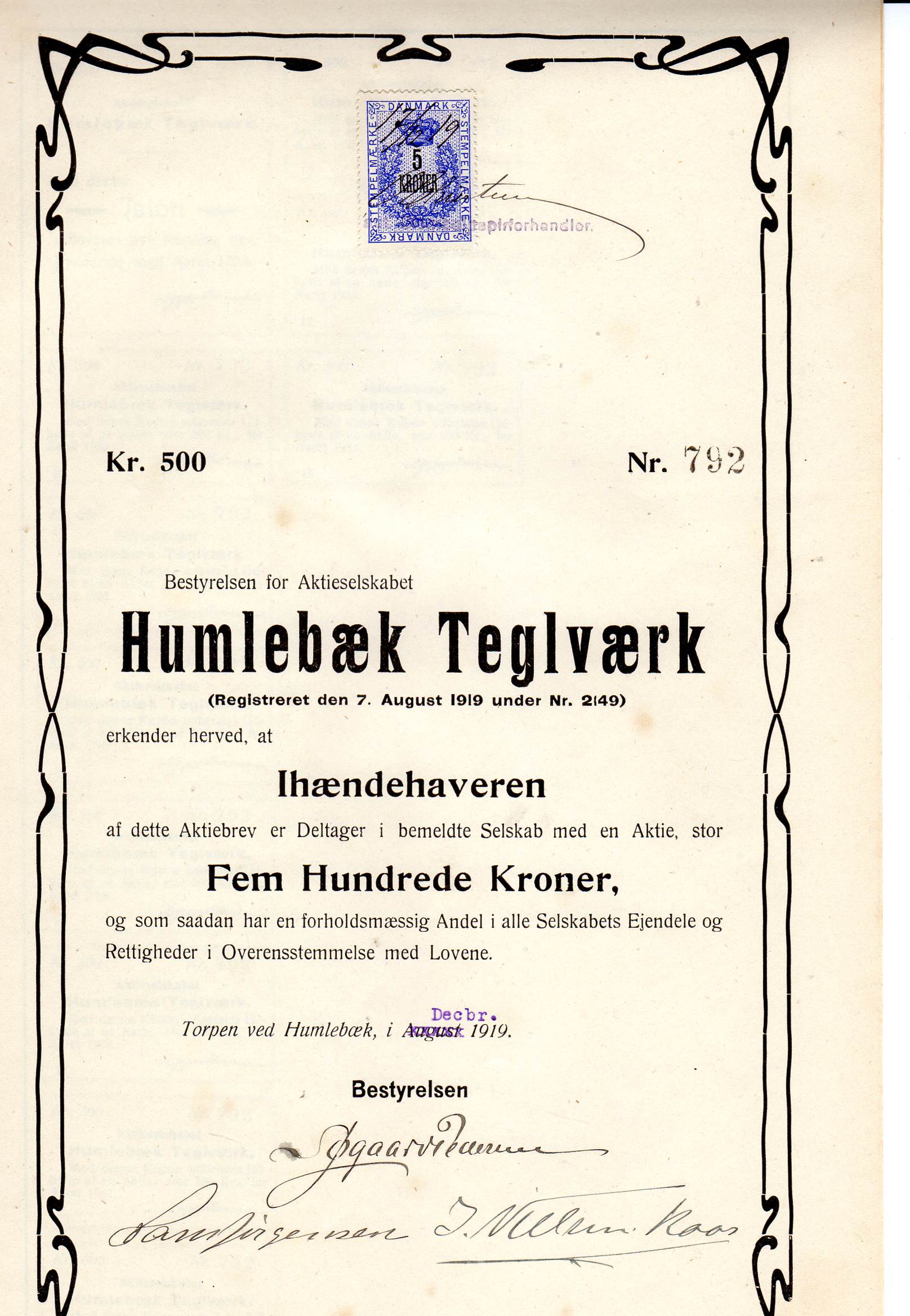 Humlebæk teglværk kr 500 Torpen 1919 nr 792/791/634/936 pris pr stk