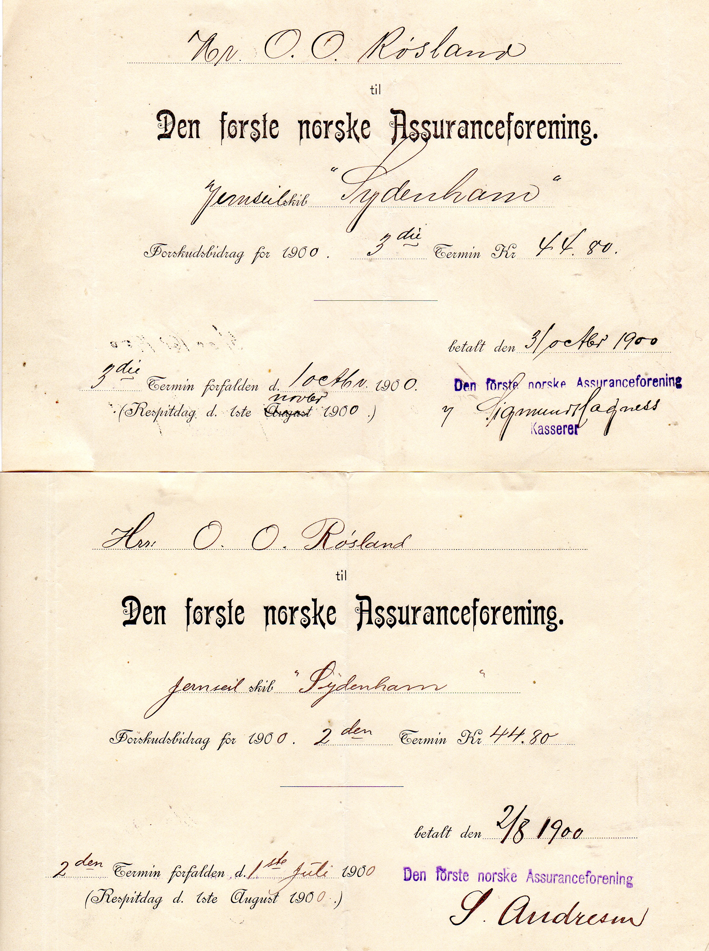 Den første norske assuranseforening 1900-1903 pr stk kr 50