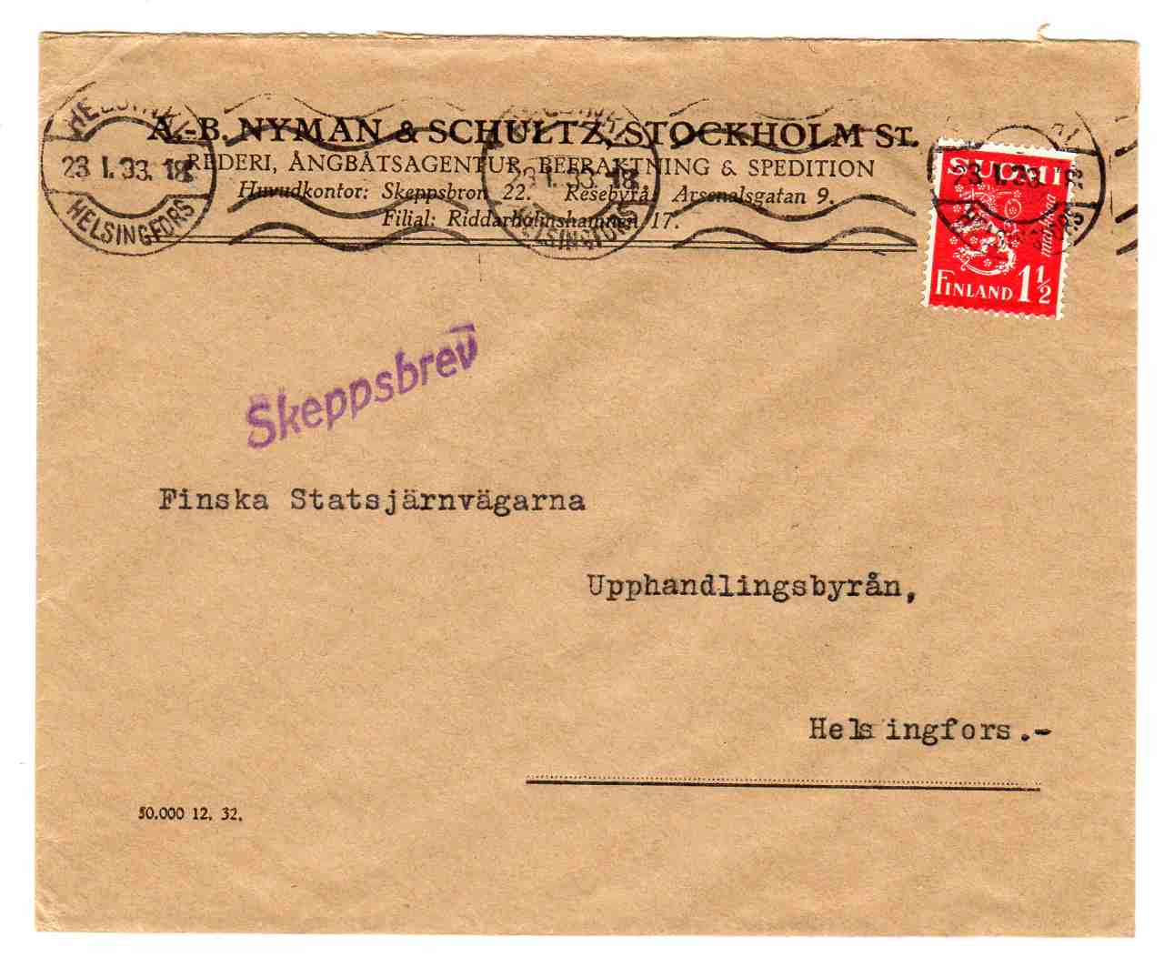 Skeppsbrev st helsinki 1933 st Finska Angfartygs aktiebolag A B Nyman&Schultz Stockholm