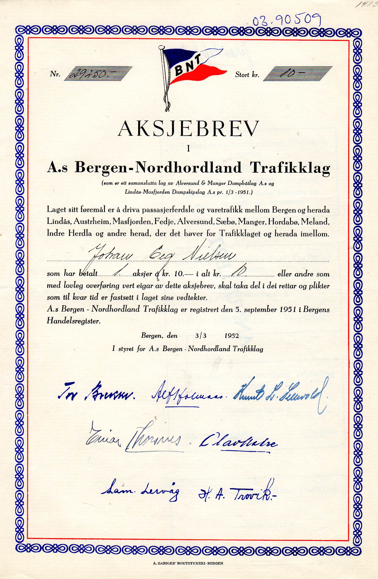 Bergen-Nordhordaland trafikklag Bergen 1952 kr 10 nr 41562/41661&41662/41671&29250 pris pr stk