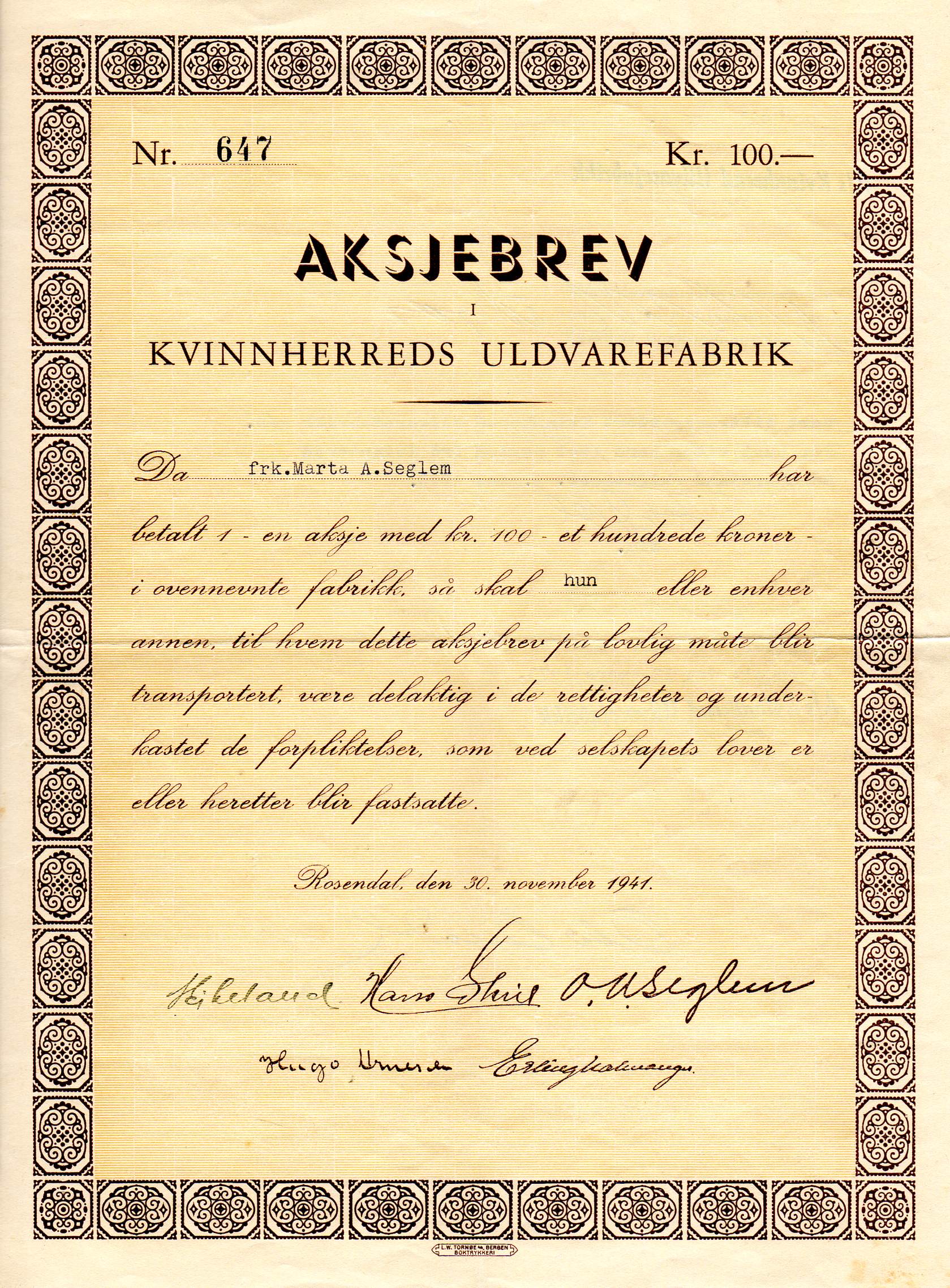 Kvinnherreds uldvarefabrik kr 100 Rosendal 1941 nr 663/656/647 pris pr stk