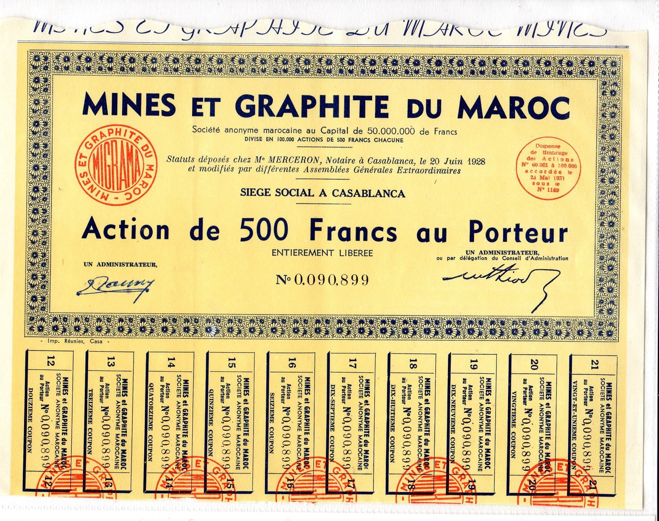 Mines et Graphite du Maroc 500Fr  Casablanca 1928 no 90899/90898/90897/90896 pris pr stk