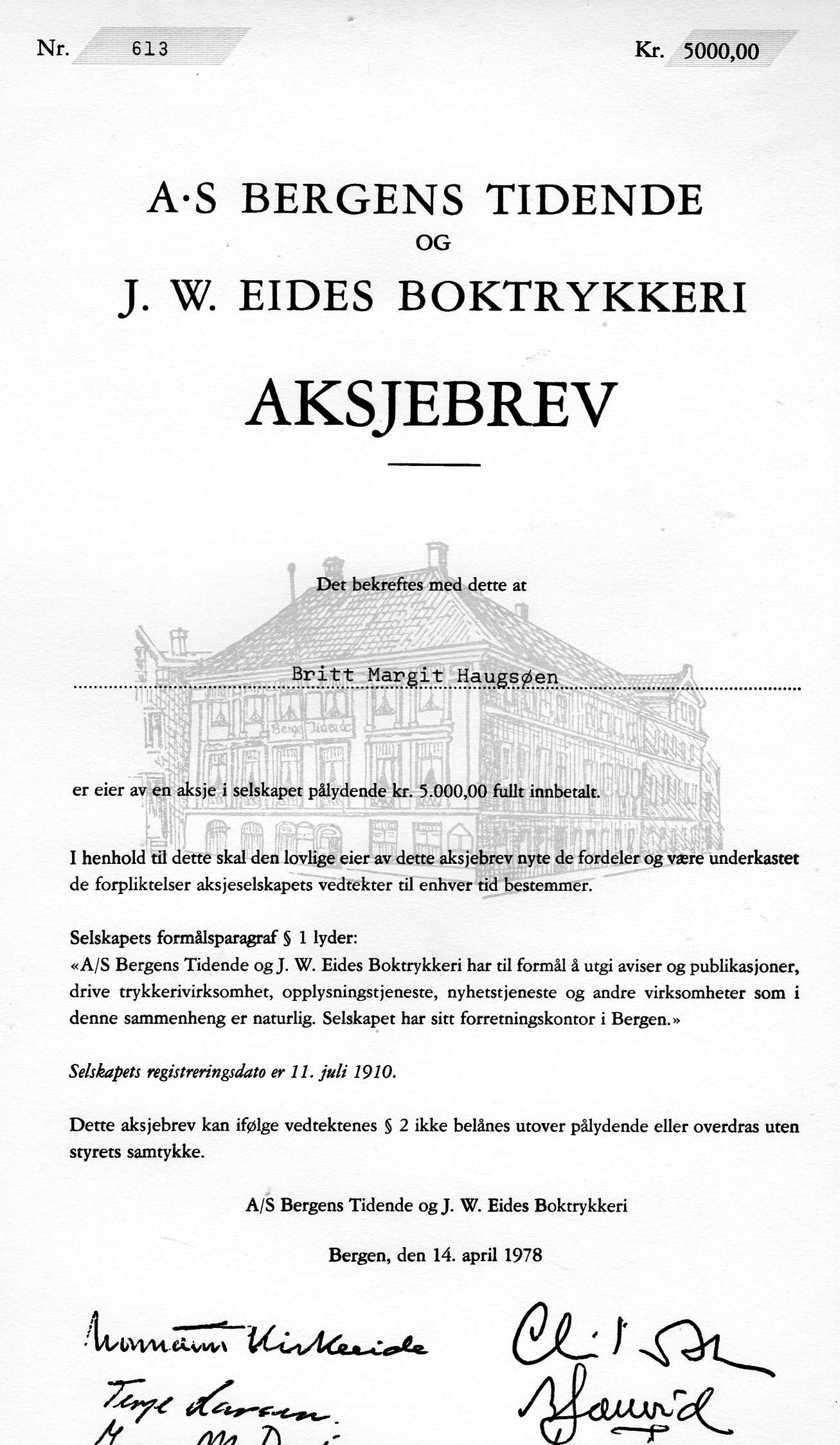 Bergens tidende /Eides boktrykkeri  kr 5000 Bergen 1978 nr 607/606/605/614/613/612 pris pr stk