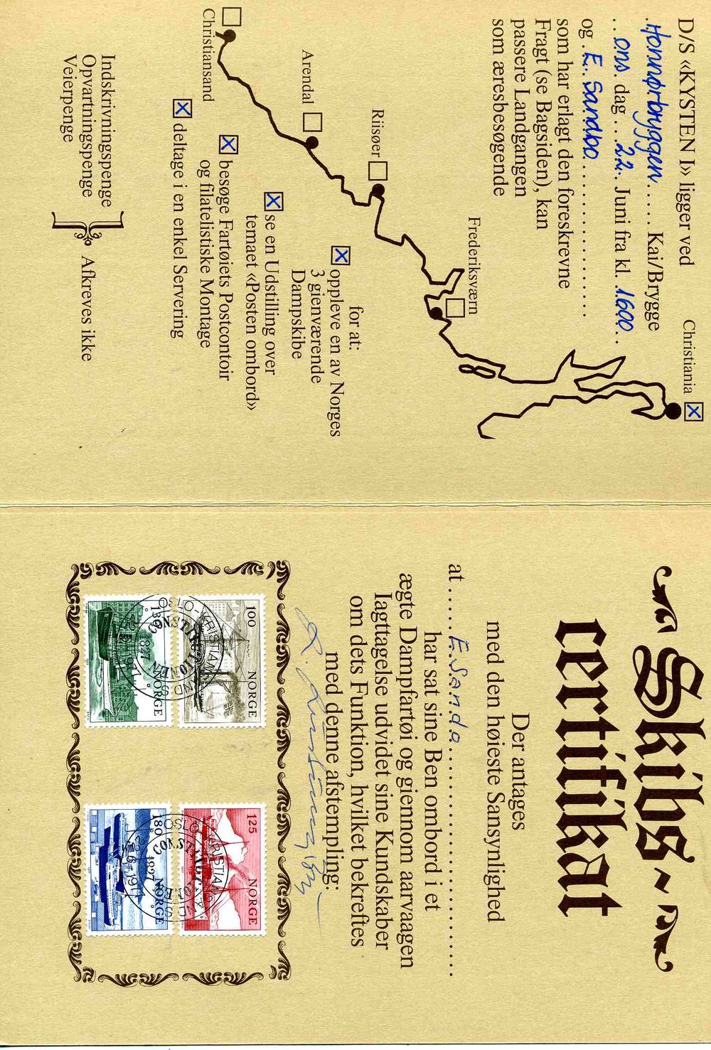 Billett til Jubileumstur Christiania-Christiansand med D/S "Kysten" NK795-798 lux stemplet