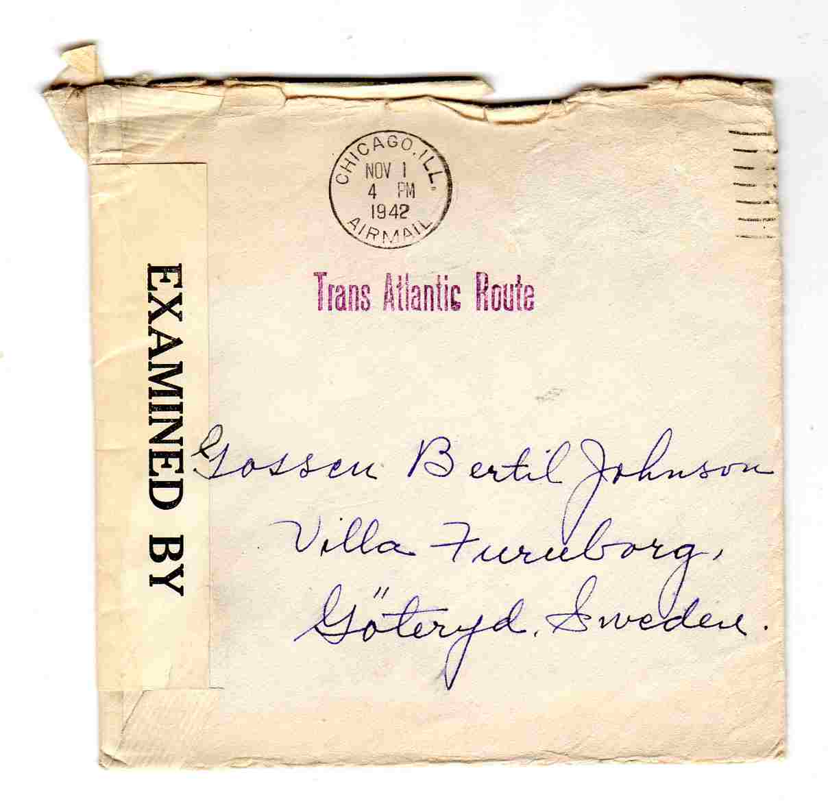 st Chicago 1942 Trans atl uten frimerke med brev