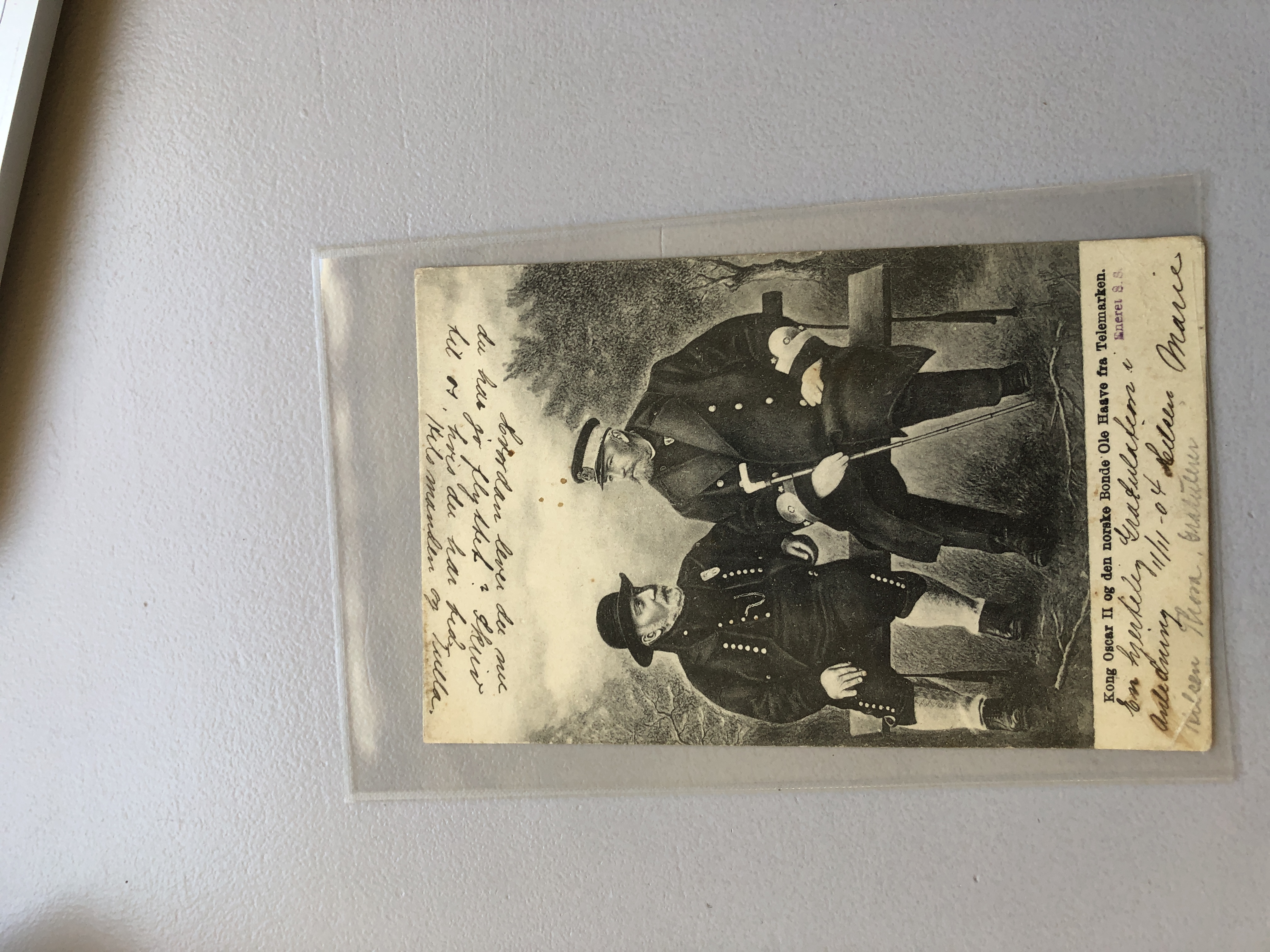 Brevkort, Kong Oscar II og bonde Ole Haave fra Telemark, 1904