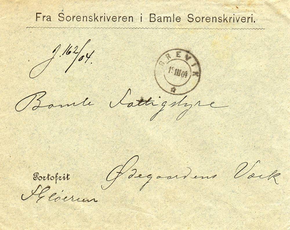 Portofrit Fra Sorenskriveren i Bamble st Brevik 1904