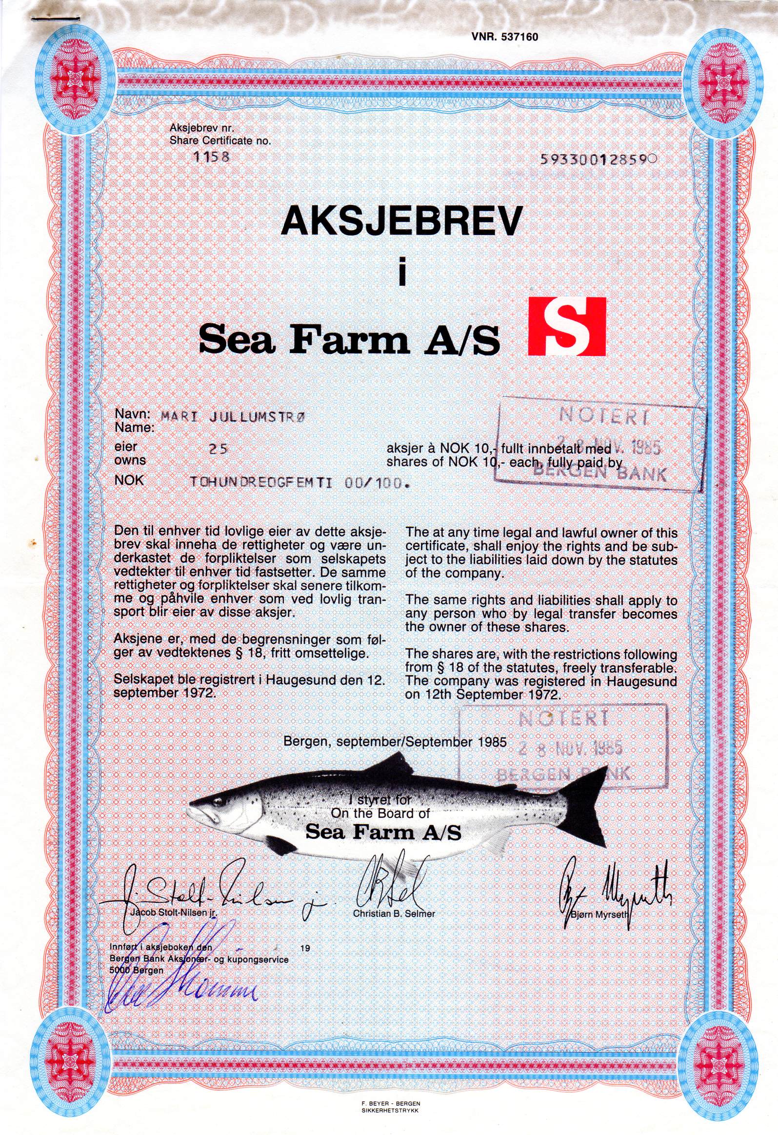 Sea farm bergen 1985 kr 10 nr 1158/1148 pris pr stk