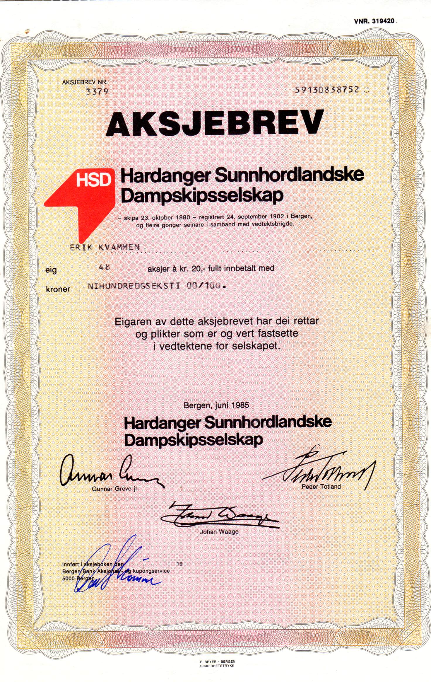 Hardanger Sunnhordlandske  Bergen 1985 kr 20 nr 3485/669/3379 pris pr stk