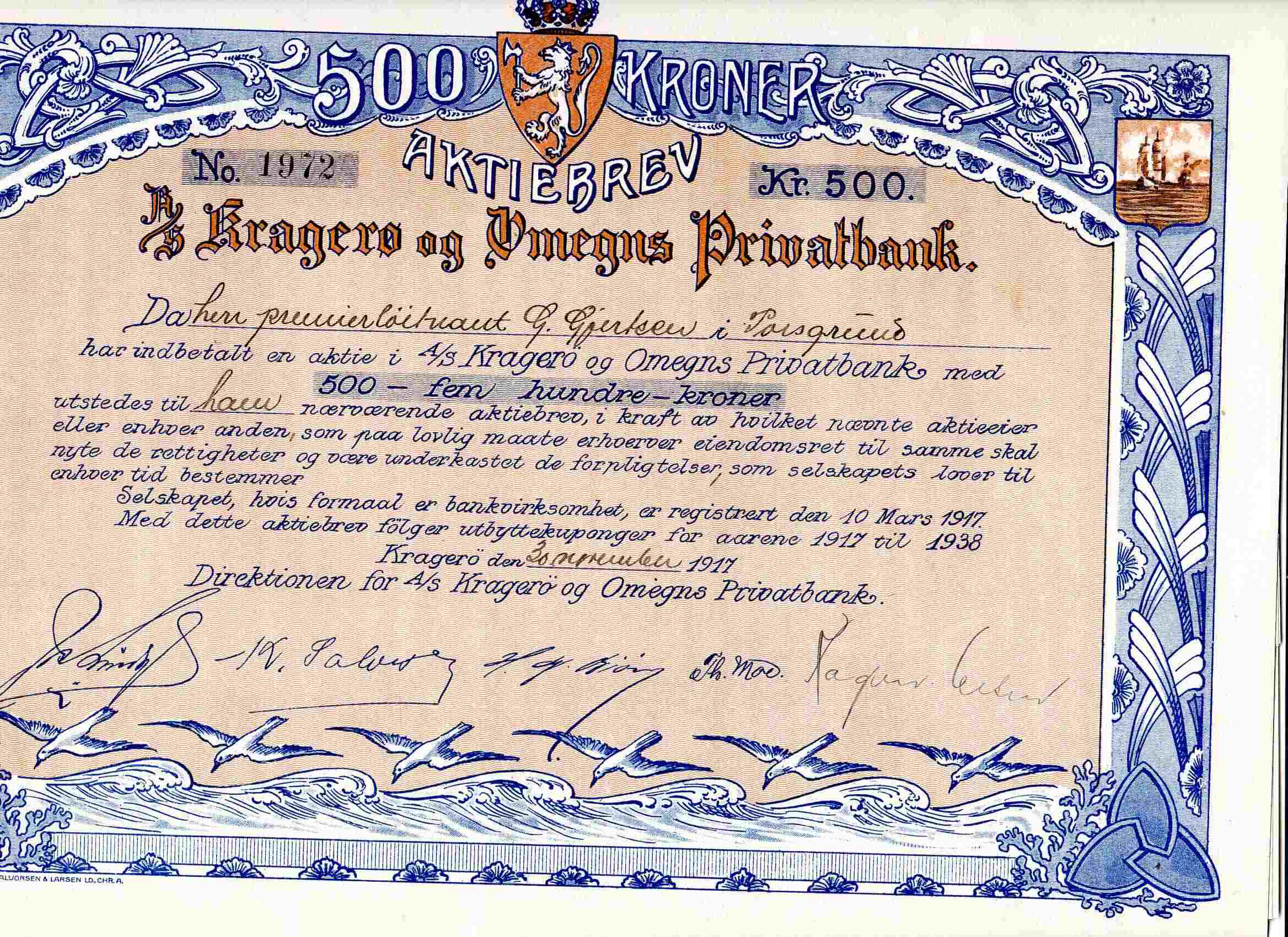 Kragerø og omegns privatbank no 1972 kr 500 Kragerø 1917