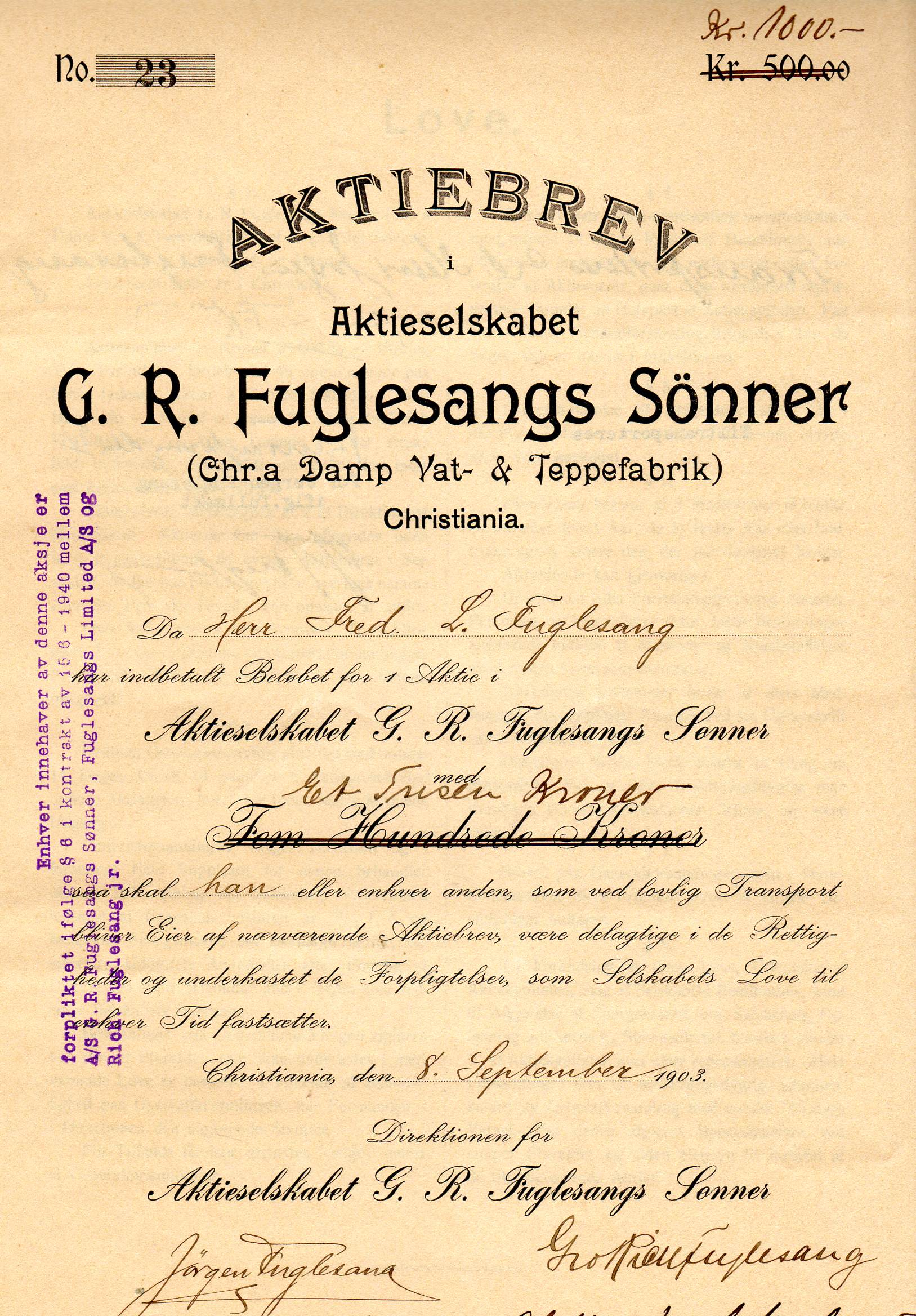 G R Fuglesangs sønner  Christiania  1903 kr 500 nr 23/22 pris pr stk