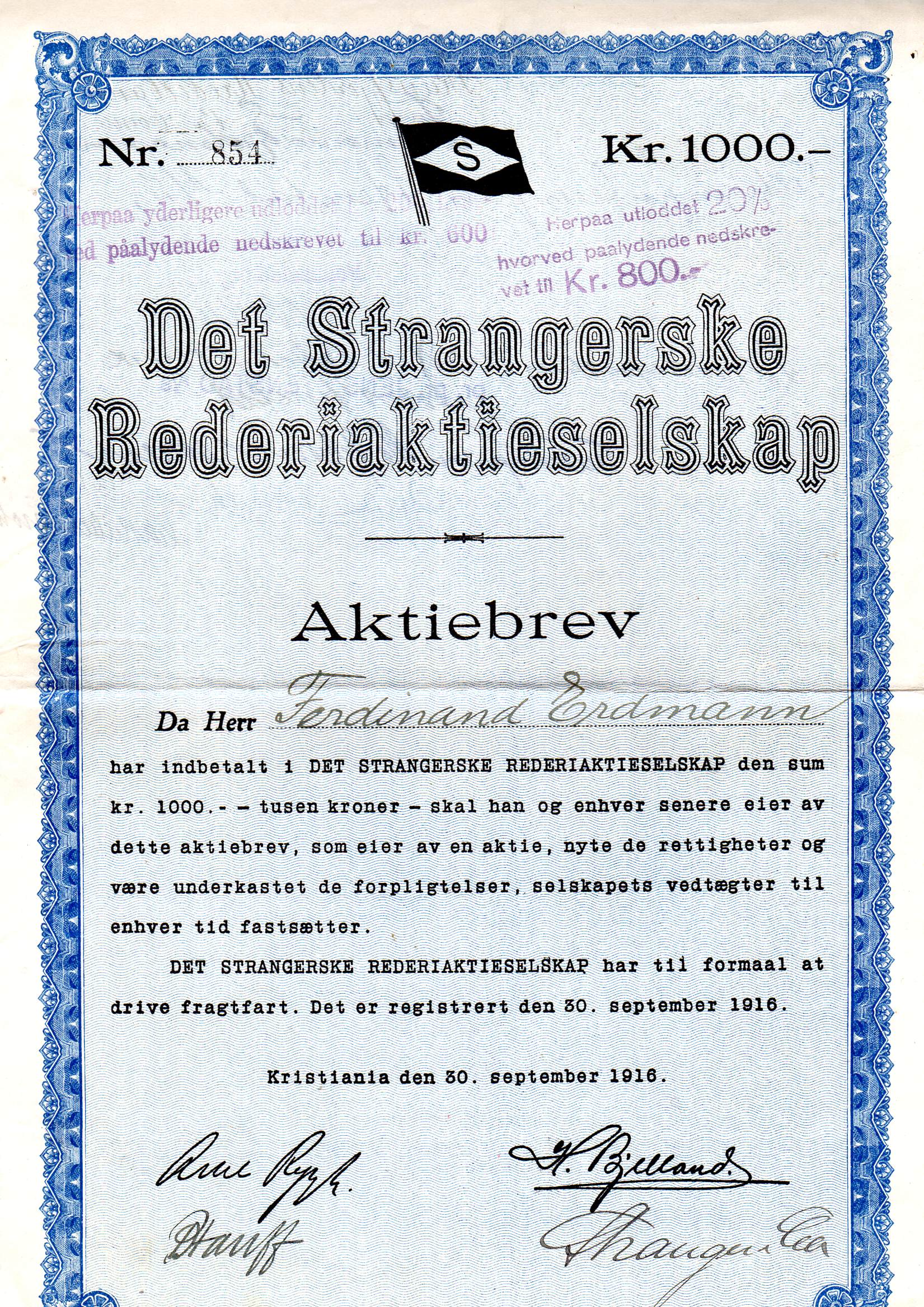Det Strangerske rederiaktieselskap kr1000 Kristiania 1916 nr 1407/854 Pris pr stk