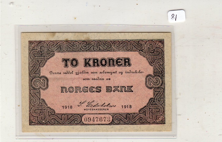 Norge 2 kr små flekker  1918 kv1+