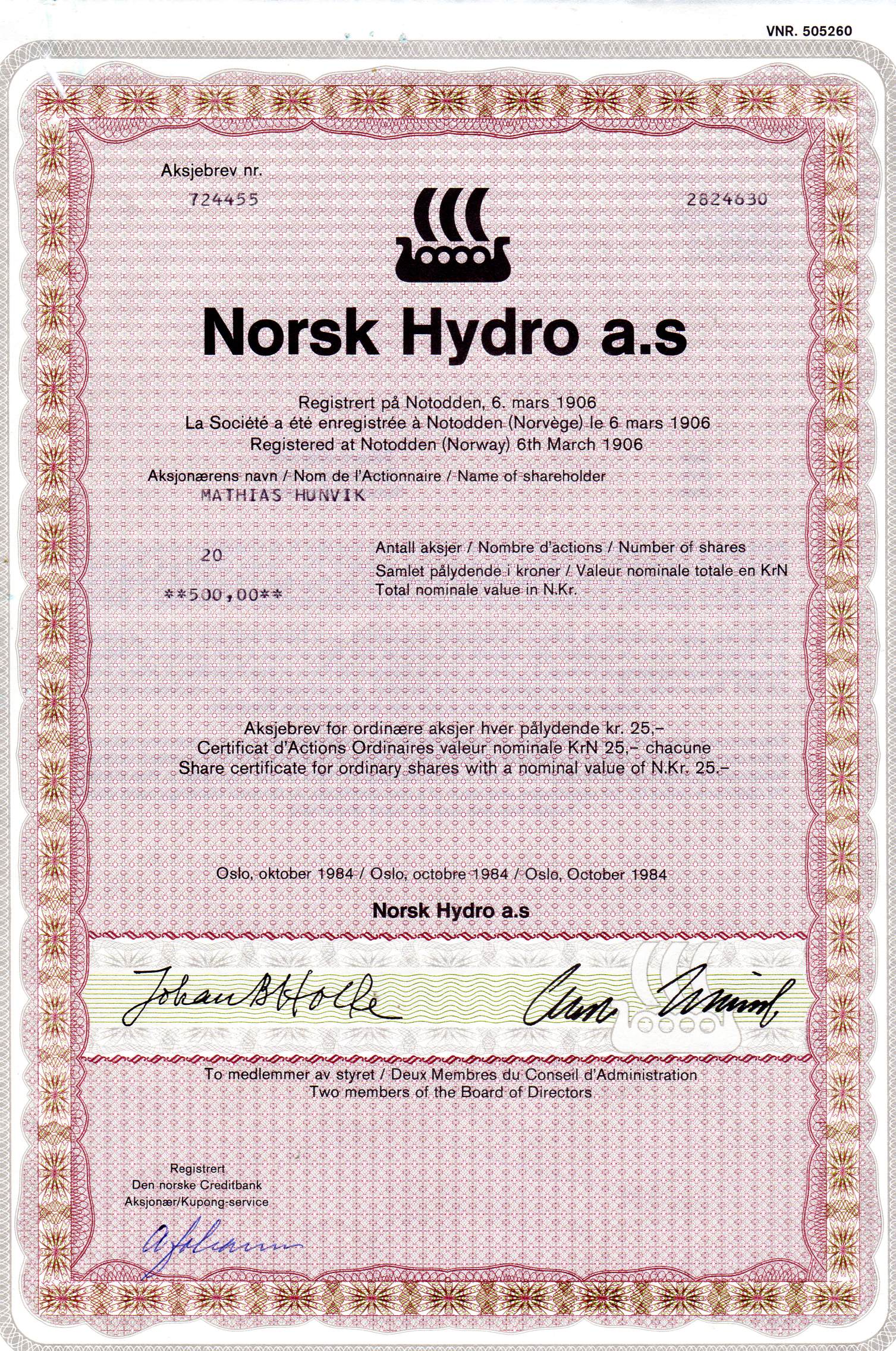 Norsk Hydro kr 25 Oslo 1984