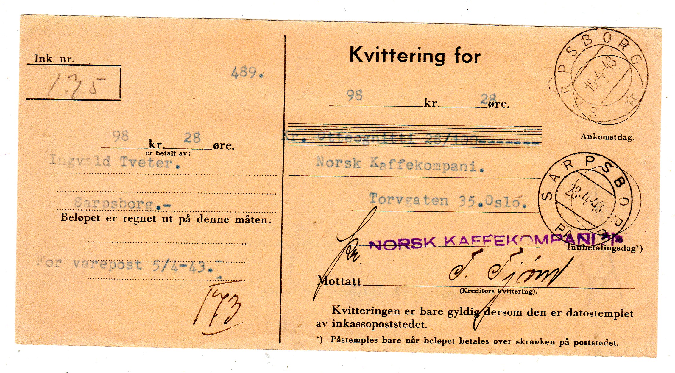Kvittering for kaffe st Sarpsborg 1943