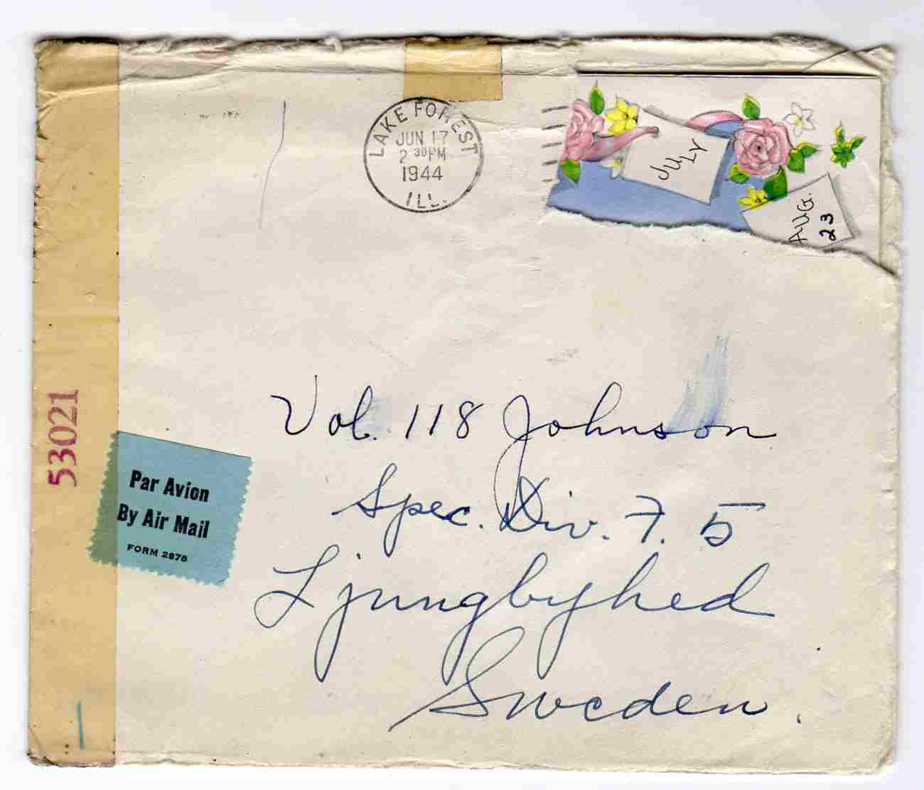 st Lake Forest 1944 med brev to Sweden air mail