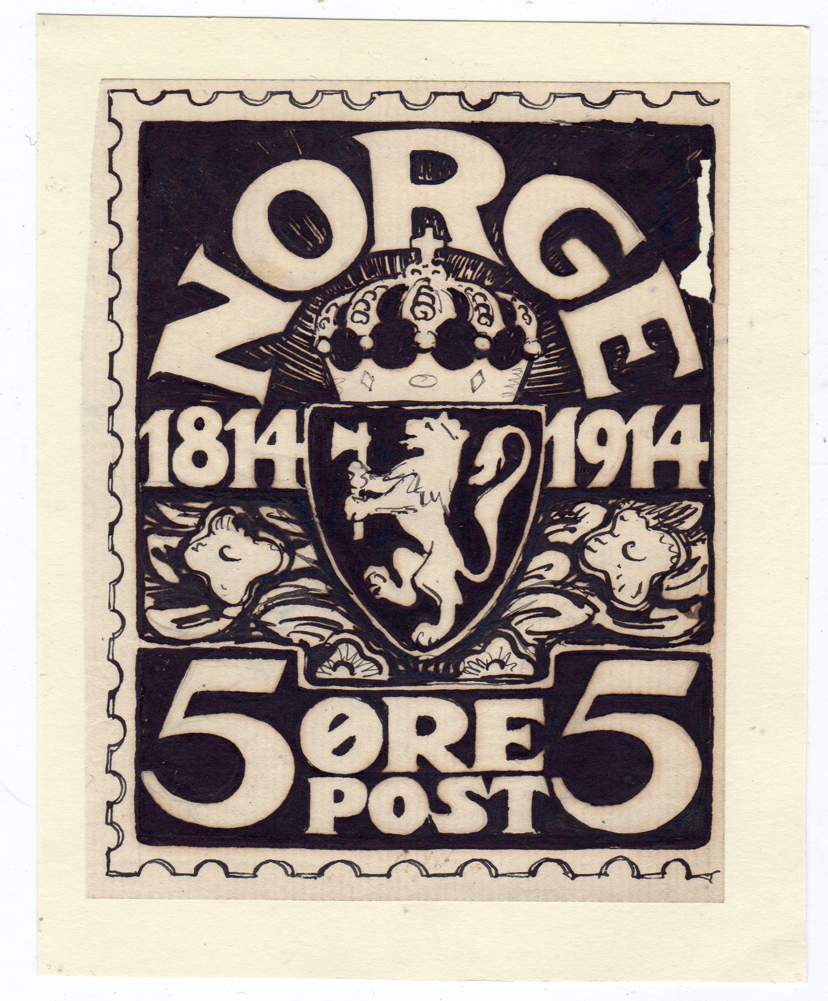 Utkast til ny frimerkeutgave 1914 5ø svart oppklebet på papp originalt andreutkast av Domenico Erdman fra 1917