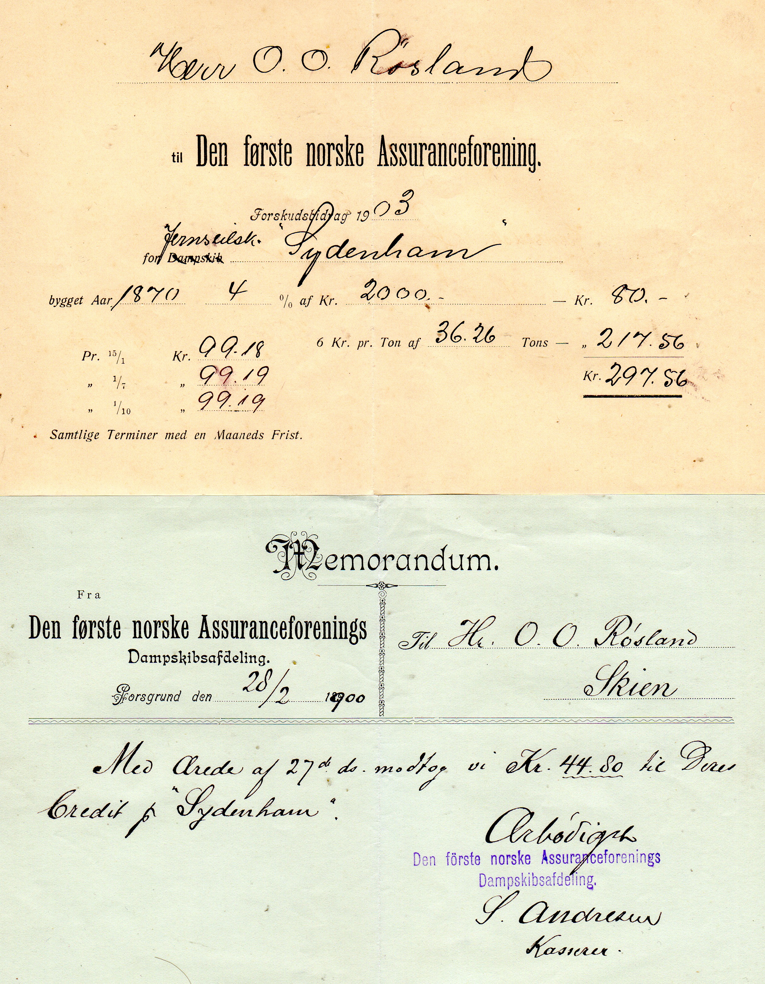 Den første norske assuransefprening Porsgrund 1903 Jernselsk Sydenhamn+Memorandum Porsgrund 1900