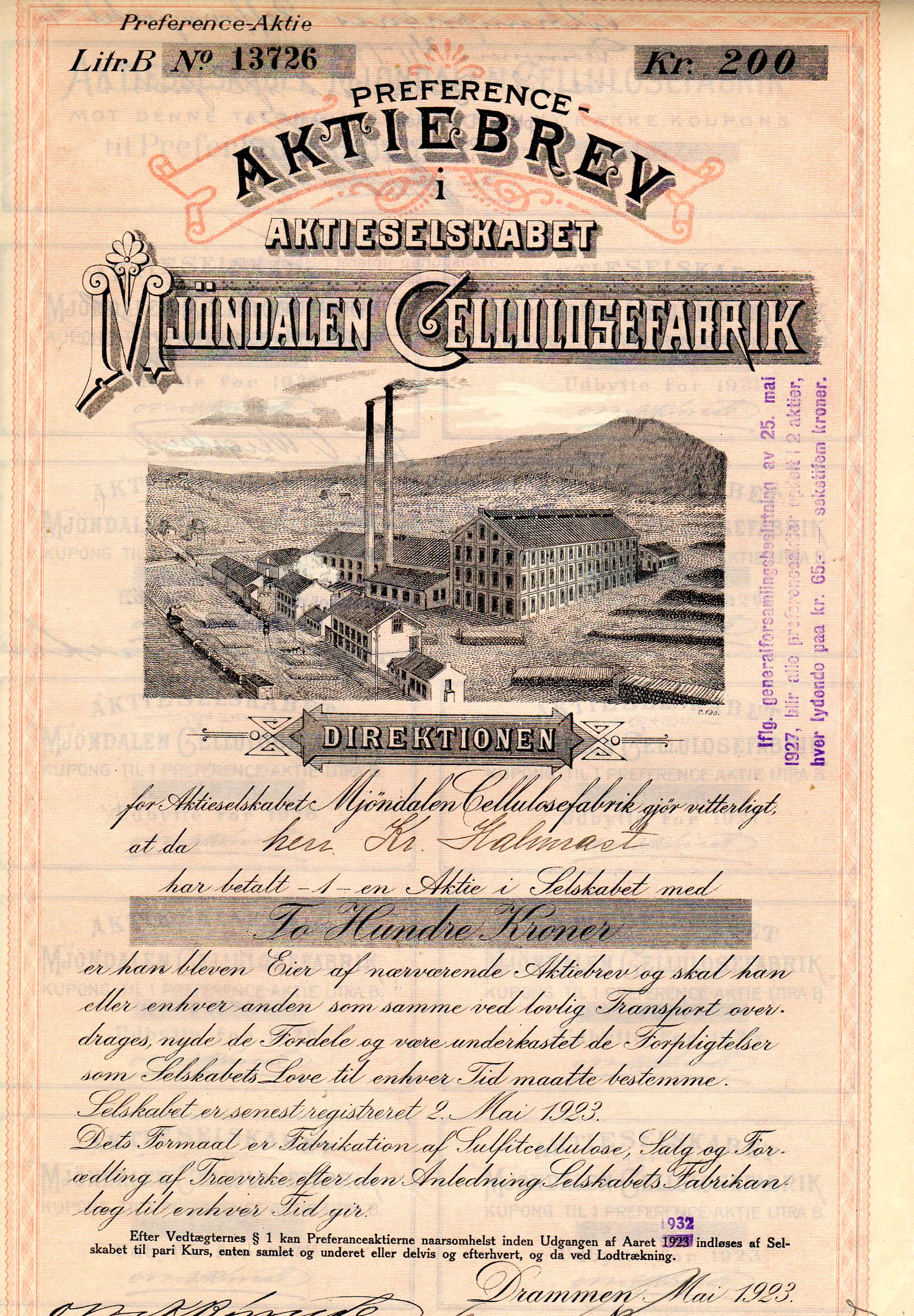 Mjøndalen cellulosefabrikk kr 200  Drammen 1923 nr 13157/13726/13788 pris pr stk